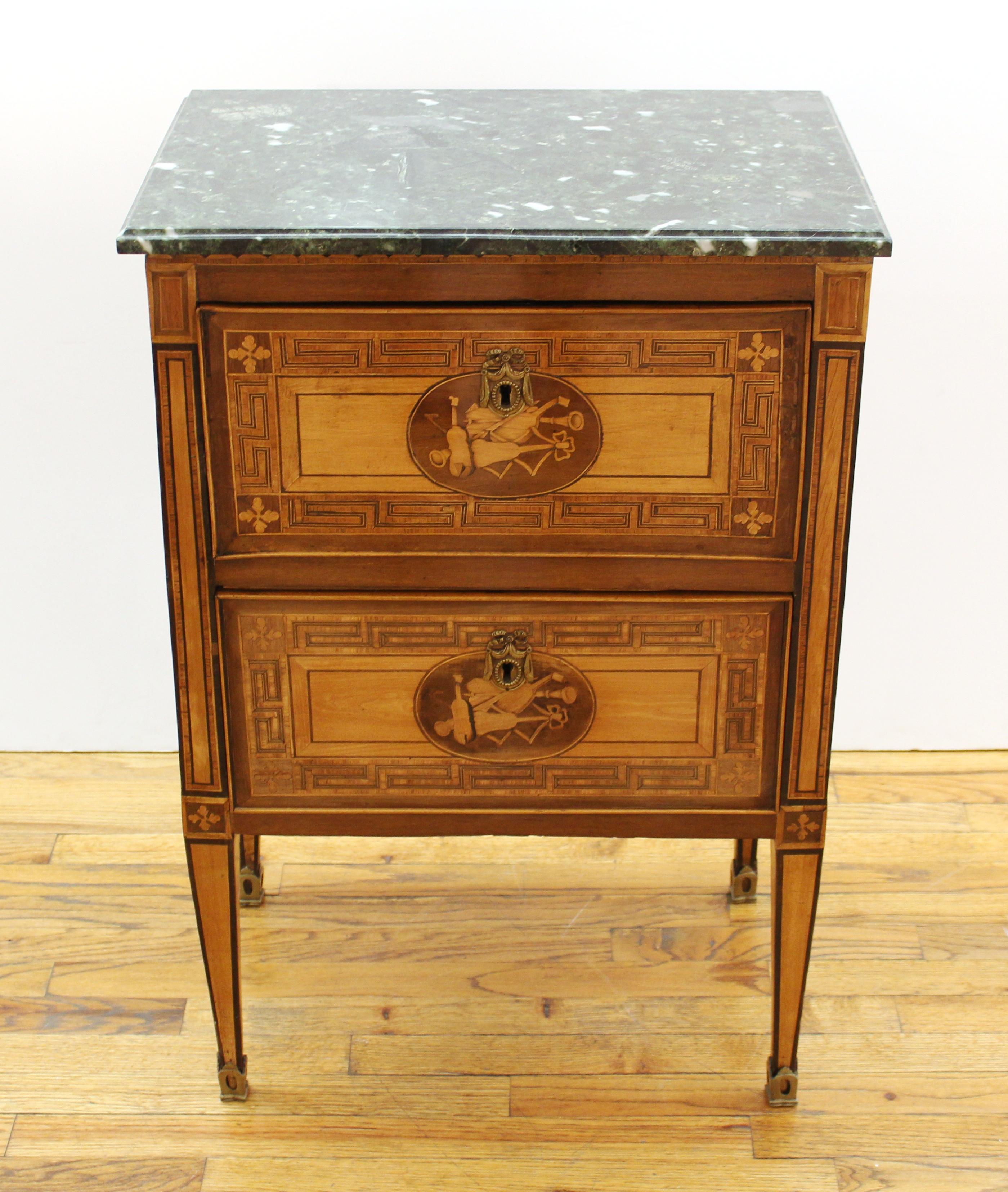 Marquetry Italian Neoclassical Inlaid Commodino Cabinet with Marble Top