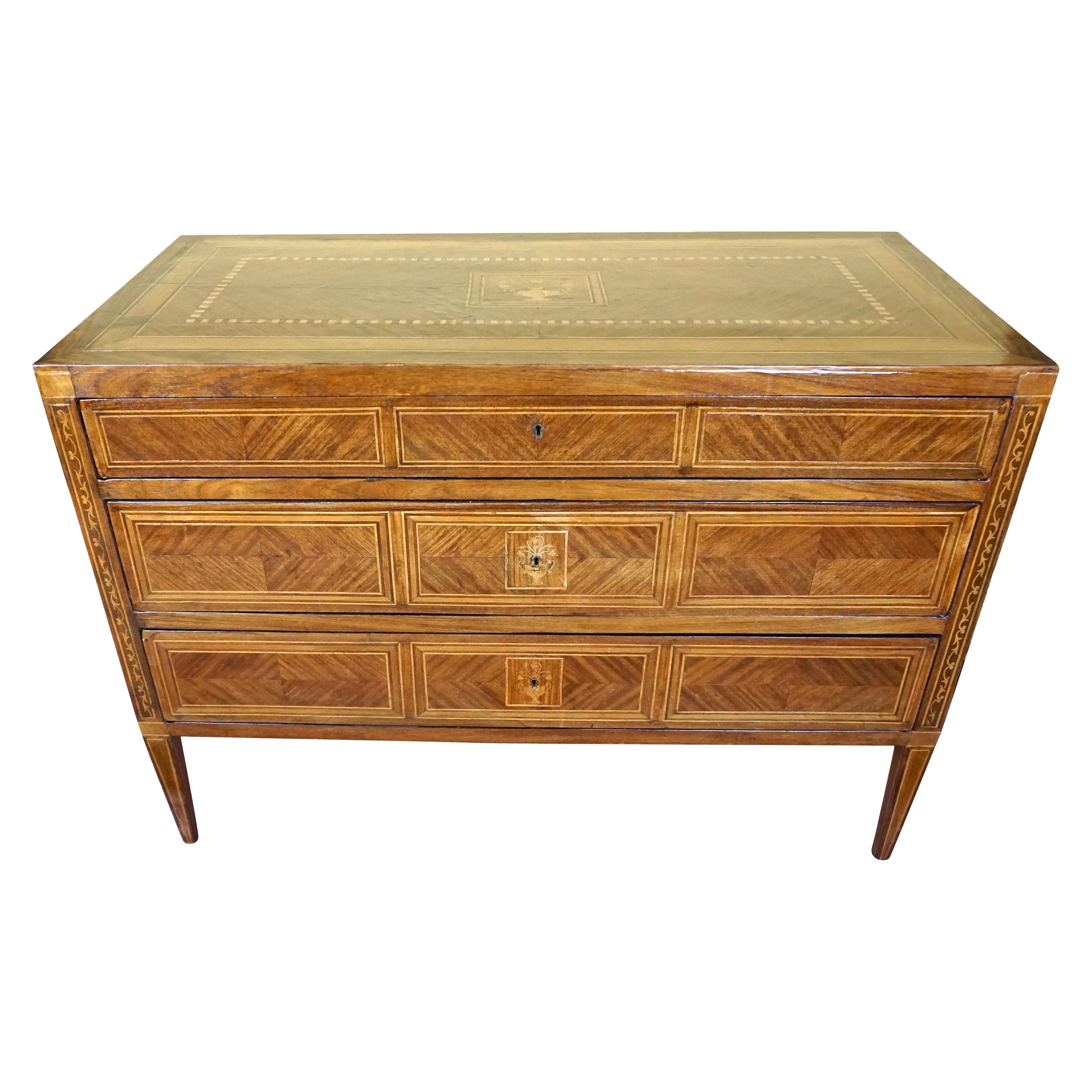 Italian Neoclassical 18th Century Inlaid Walnut 3-Drawer Commode 