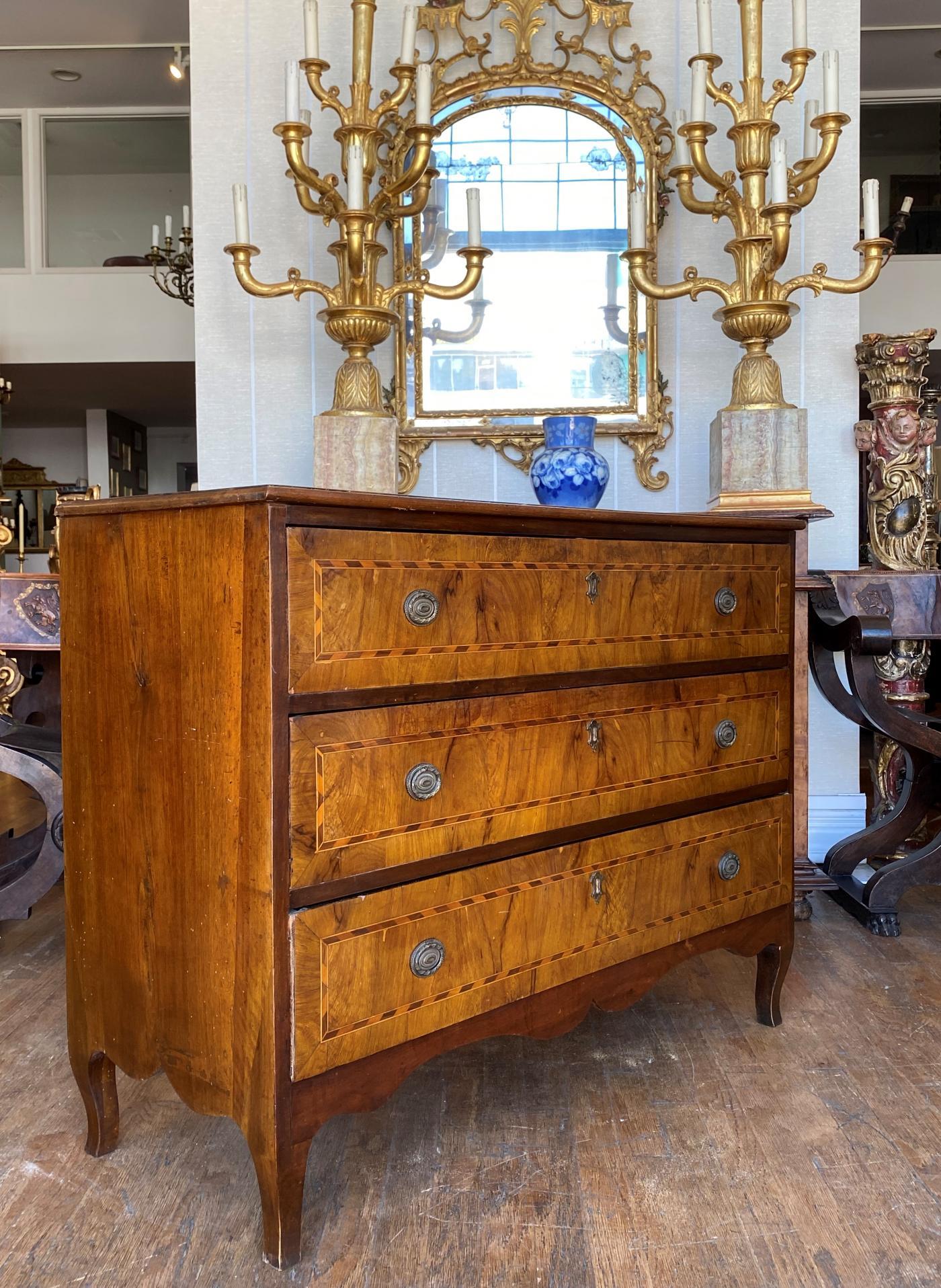 Carved Italian Neoclassical Inlaid Walnut Chest, circa 1780 For Sale
