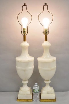 Italian Neoclassical Large Carved Solid Alabaster Marble Urn Table Lamps - Pair