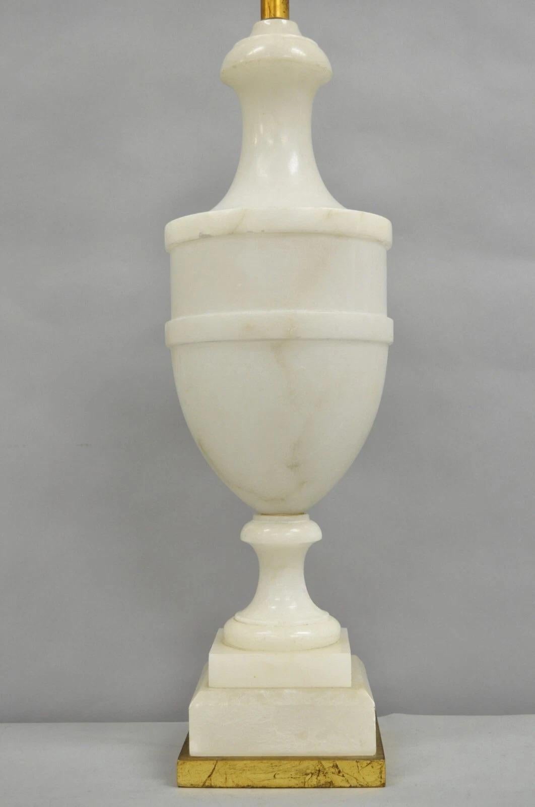 Néoclassique Italian Neoclassical Large Carved Solid Alabaster Marble Urn Table Lamps - Pair en vente