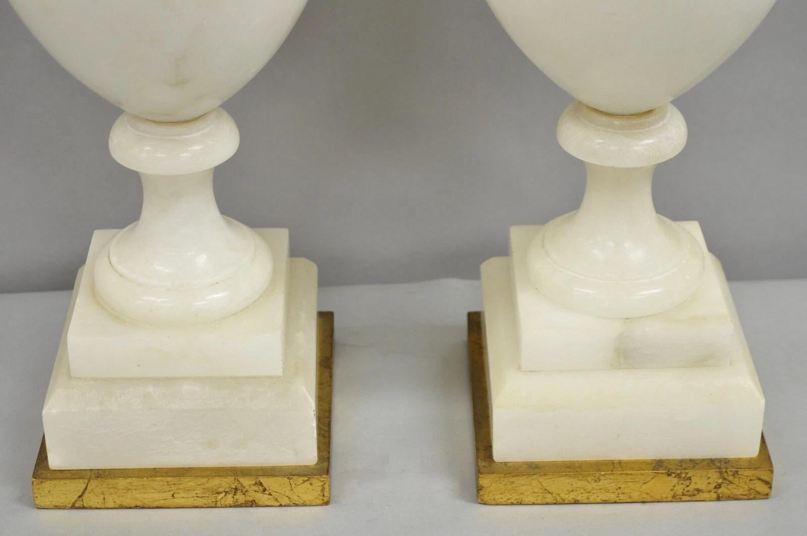 Italian Neoclassical Large Carved Solid Alabaster Marble Urn Table Lamps - Pair Bon état - En vente à Philadelphia, PA