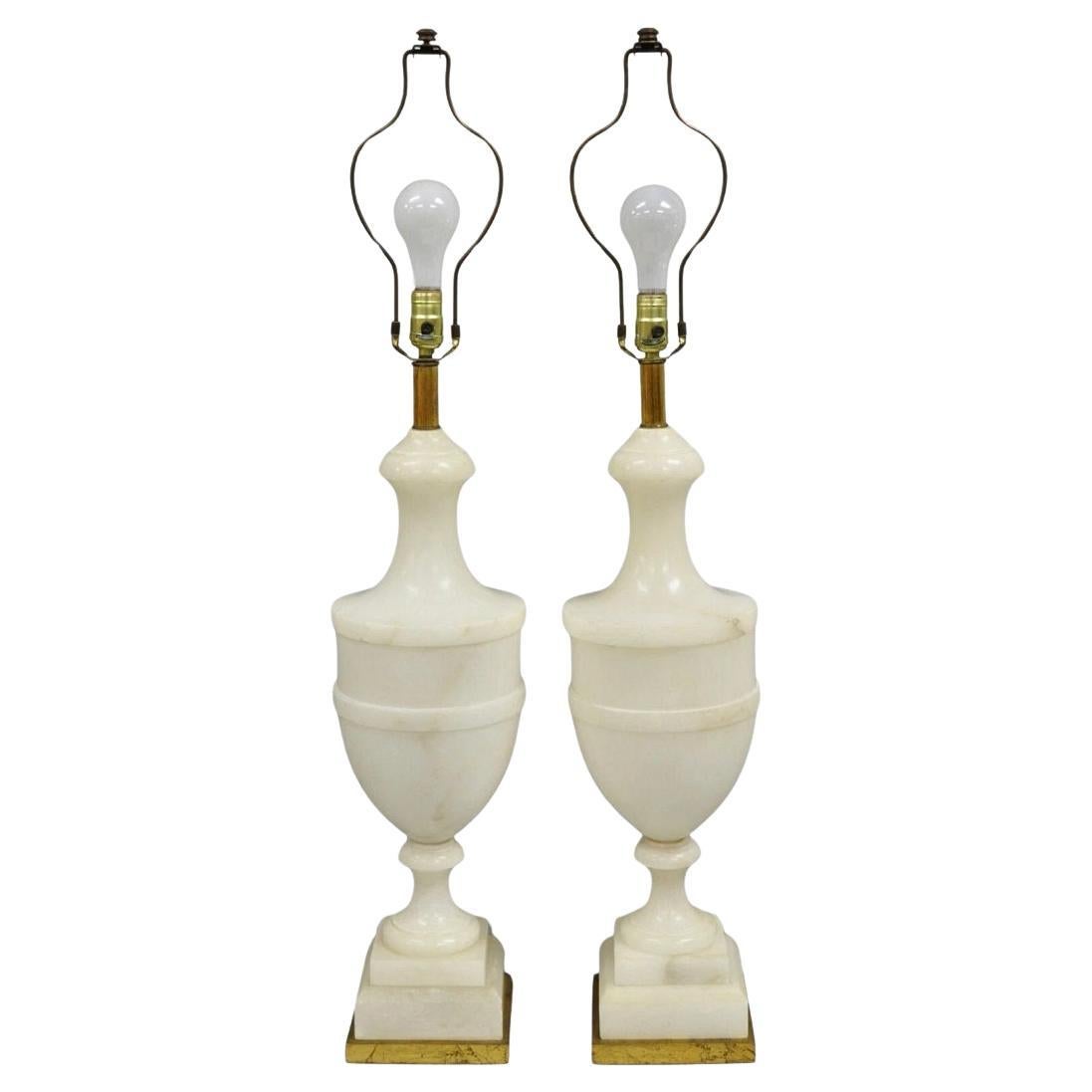 Italian Neoclassical Large Carved Solid Alabaster Marble Urn Table Lamps - Pair en vente