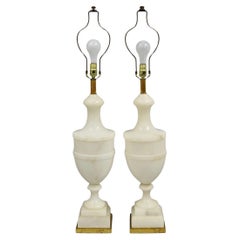Italian Neoclassical Large Carved Solid Alabaster Marble Urn Table Lamps - Pair