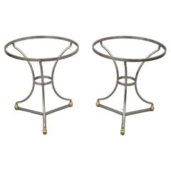 Vintage Italian Neoclassical Maison Jansen Brushed Steel Brass Round End Tables, a Pair