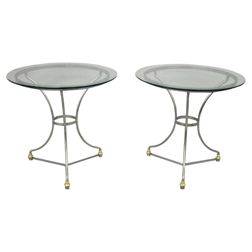 Italian Neoclassical Maison Jansen Style Steel & Brass Round End Tables - a Pair