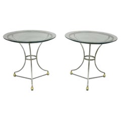 Italian Neoclassical Maison Jansen Style Steel & Brass Round End Tables - a Pair