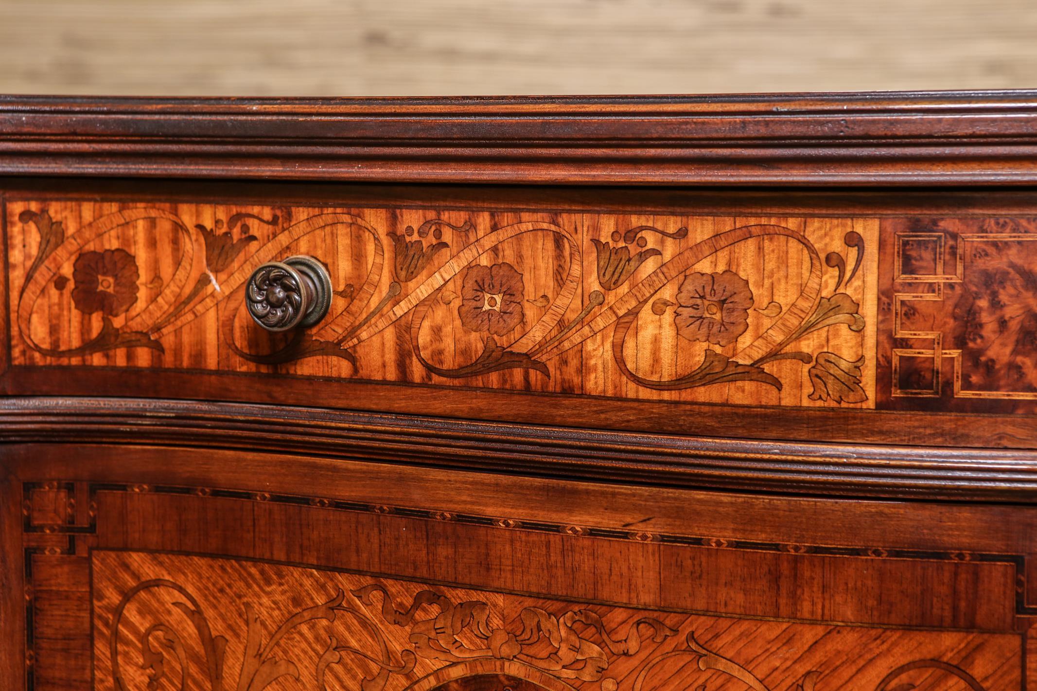 Neoclassical Revival Italian Neoclassical Manner Marquetry Serpentine Commode in Mahogany & Fruitwood