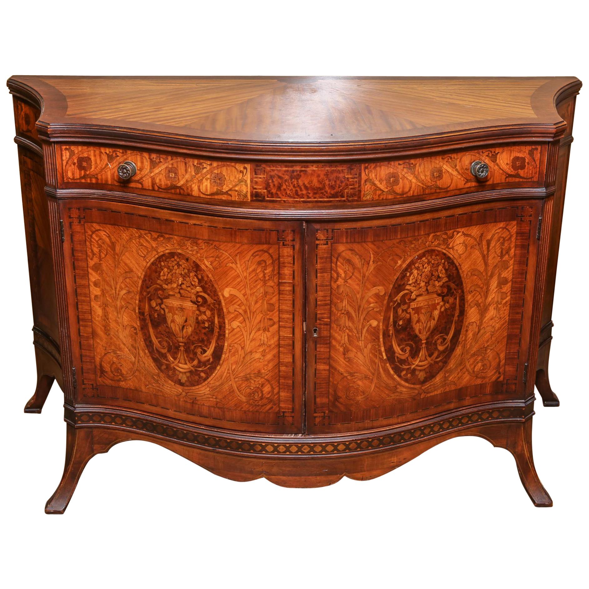 Italian Neoclassical Manner Marquetry Serpentine Commode in Mahogany & Fruitwood