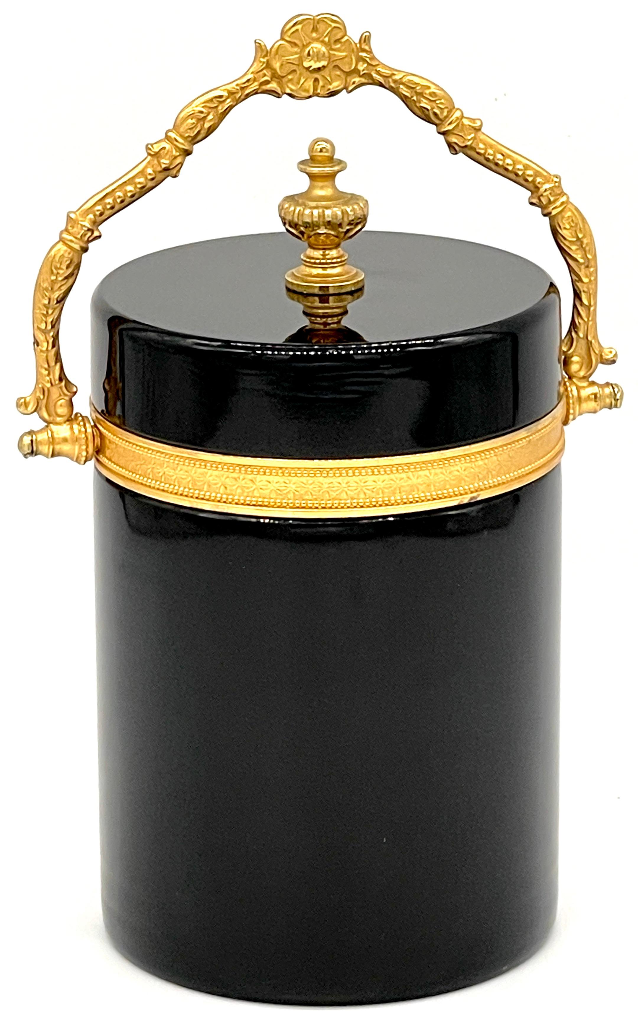 Italian Neoclassical Ormolu Mounted Murano Black Opaline Handled Box/ Ice Bucket 7