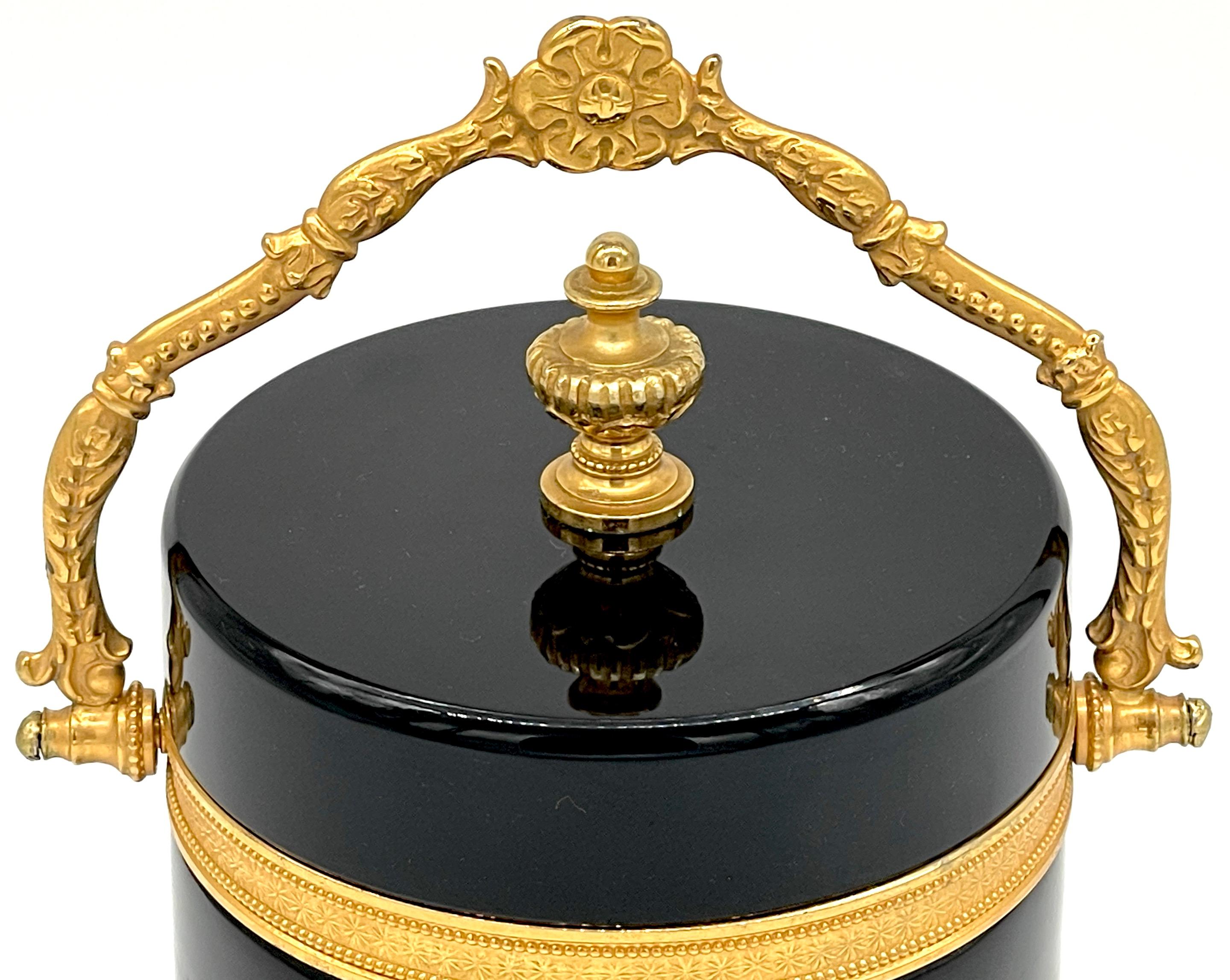 Italian Neoclassical Ormolu Mounted Murano Black Opaline Handled Box/ Ice Bucket In Good Condition For Sale In West Palm Beach, FL