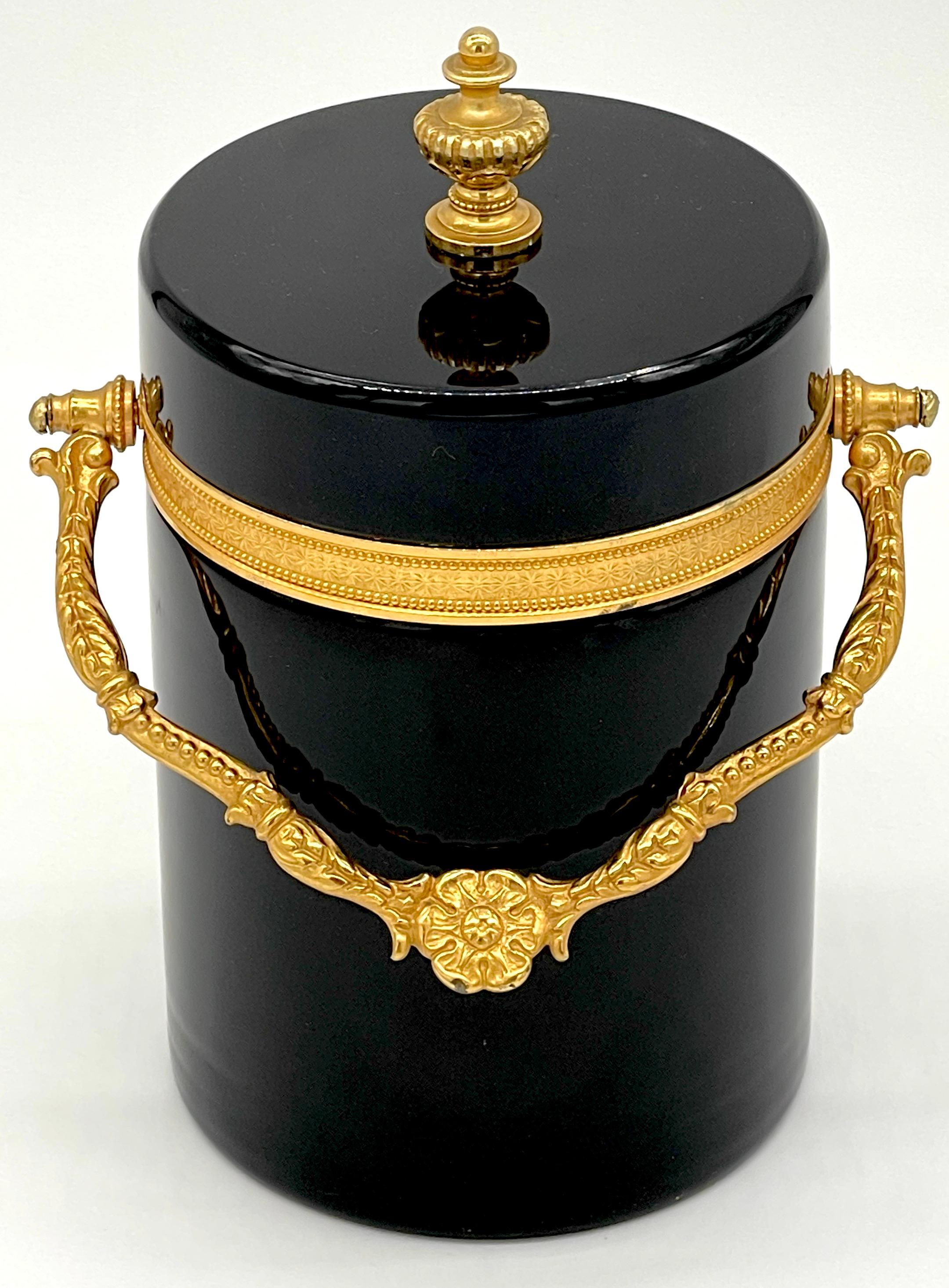 20th Century Italian Neoclassical Ormolu Mounted Murano Black Opaline Handled Box/ Ice Bucket