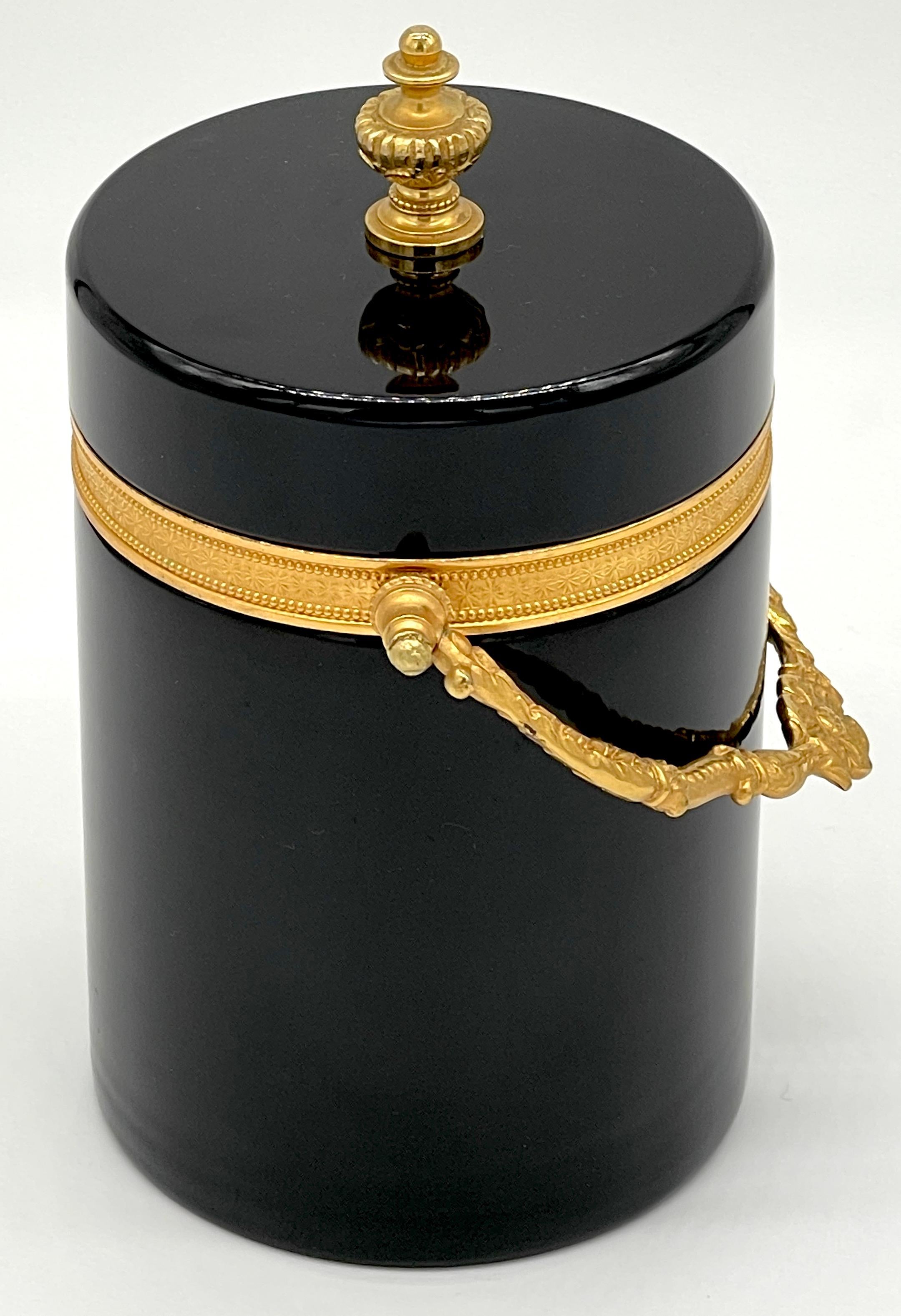 Murano Glass Italian Neoclassical Ormolu Mounted Murano Black Opaline Handled Box/ Ice Bucket For Sale