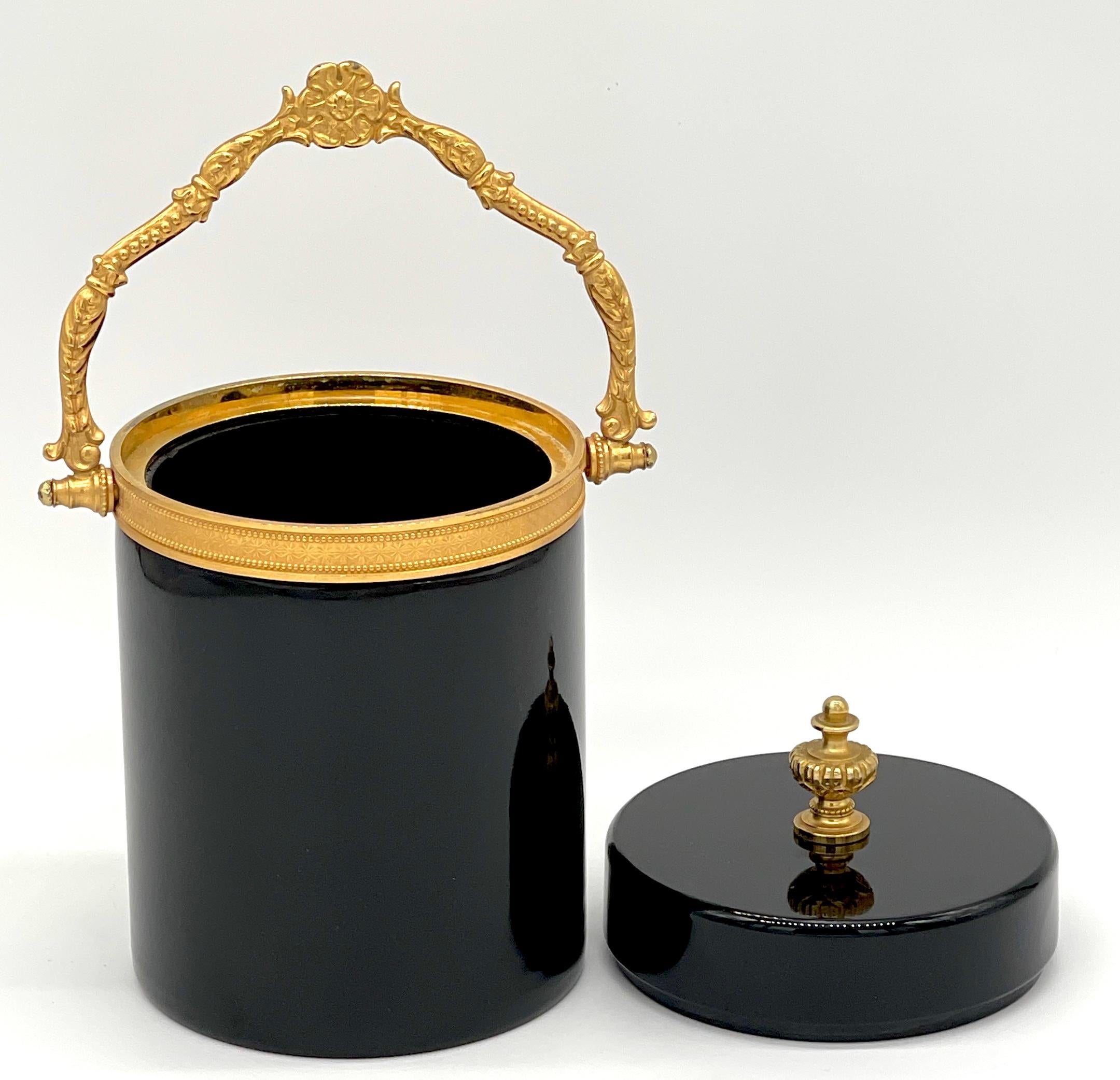 Italian Neoclassical Ormolu Mounted Murano Black Opaline Handled Box/ Ice Bucket For Sale 2
