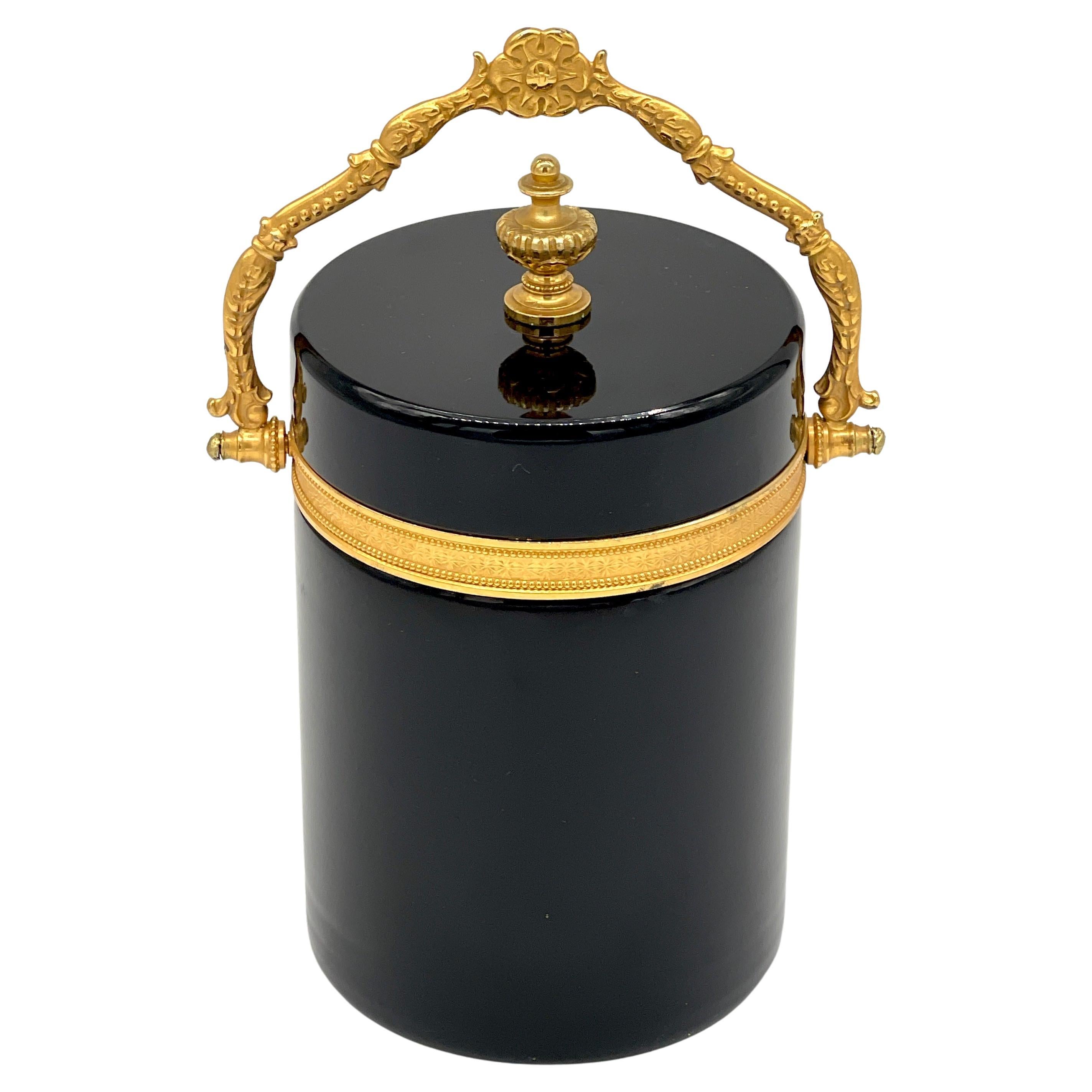 Italian Neoclassical Ormolu Mounted Murano Black Opaline Handled Box/ Ice Bucket For Sale
