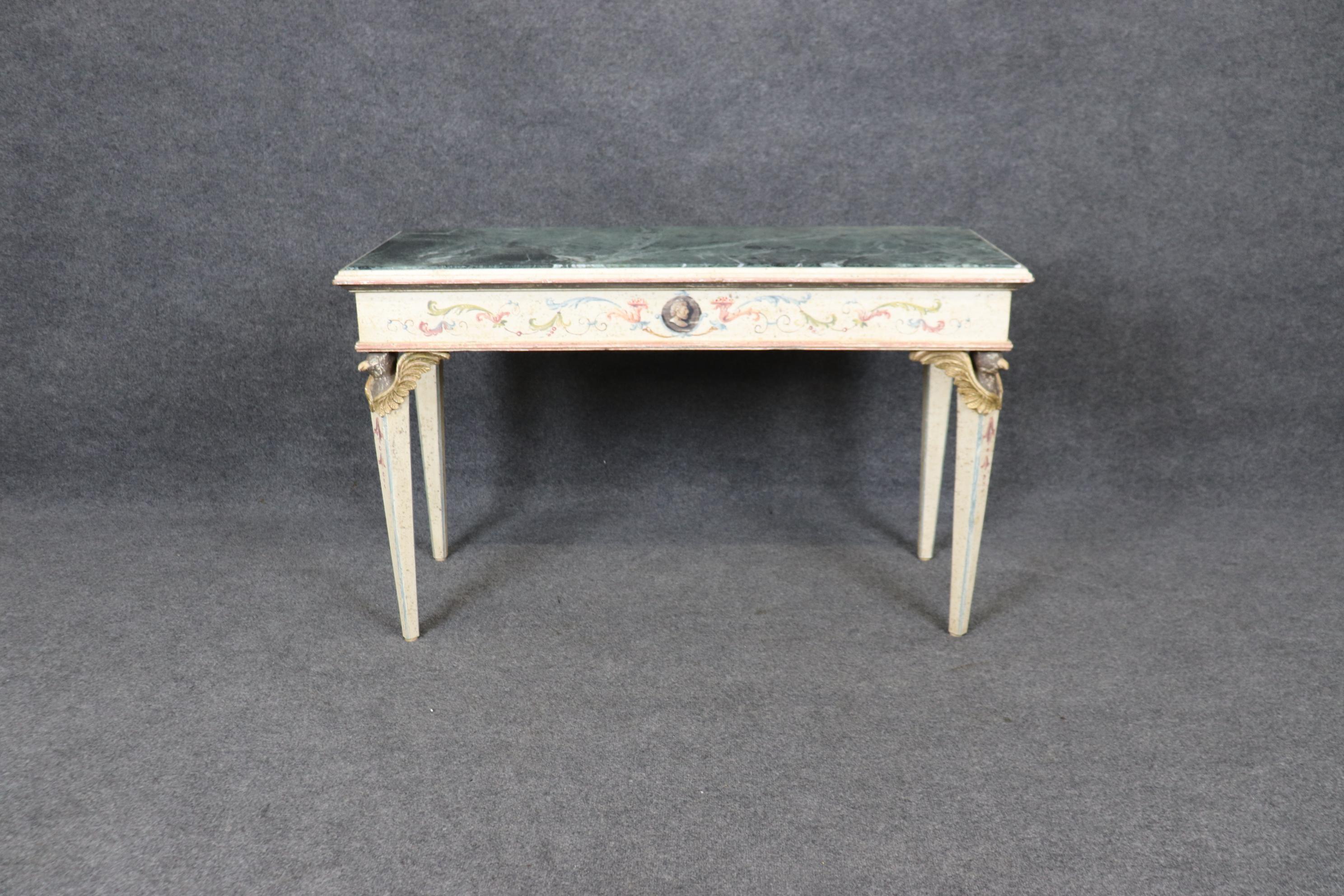 Italian Neoclassical Paint Decorated Carved Eagle Verdi Marble Console Table For Sale 7