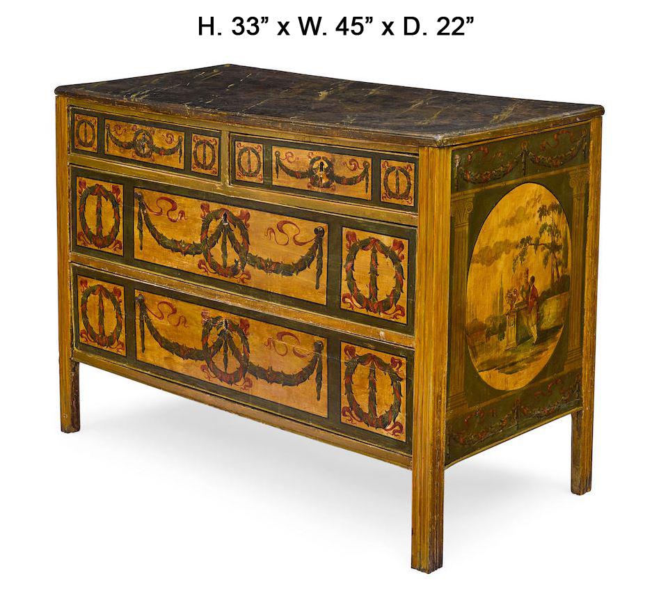 Beautiful 18th century Italian neoclassical hand painted commode. 
A rectangular faux marble top is over two short and two long paneled drawers, each drawer is hand painted and decorated with a central wreath flanked by two foliate swagged garlands