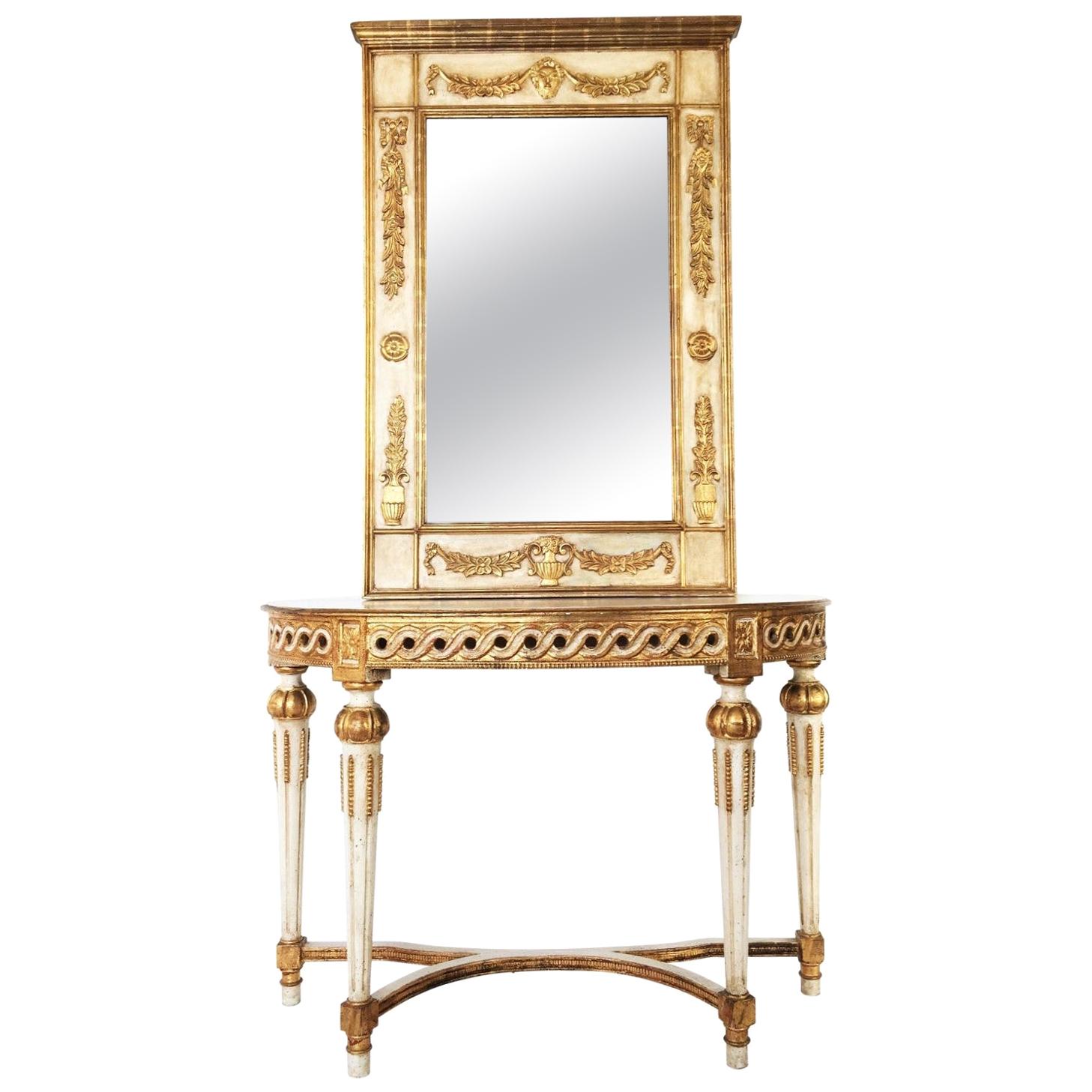 Console italienne néoclassique en bois doré peint en demi-lune avec miroir assorti