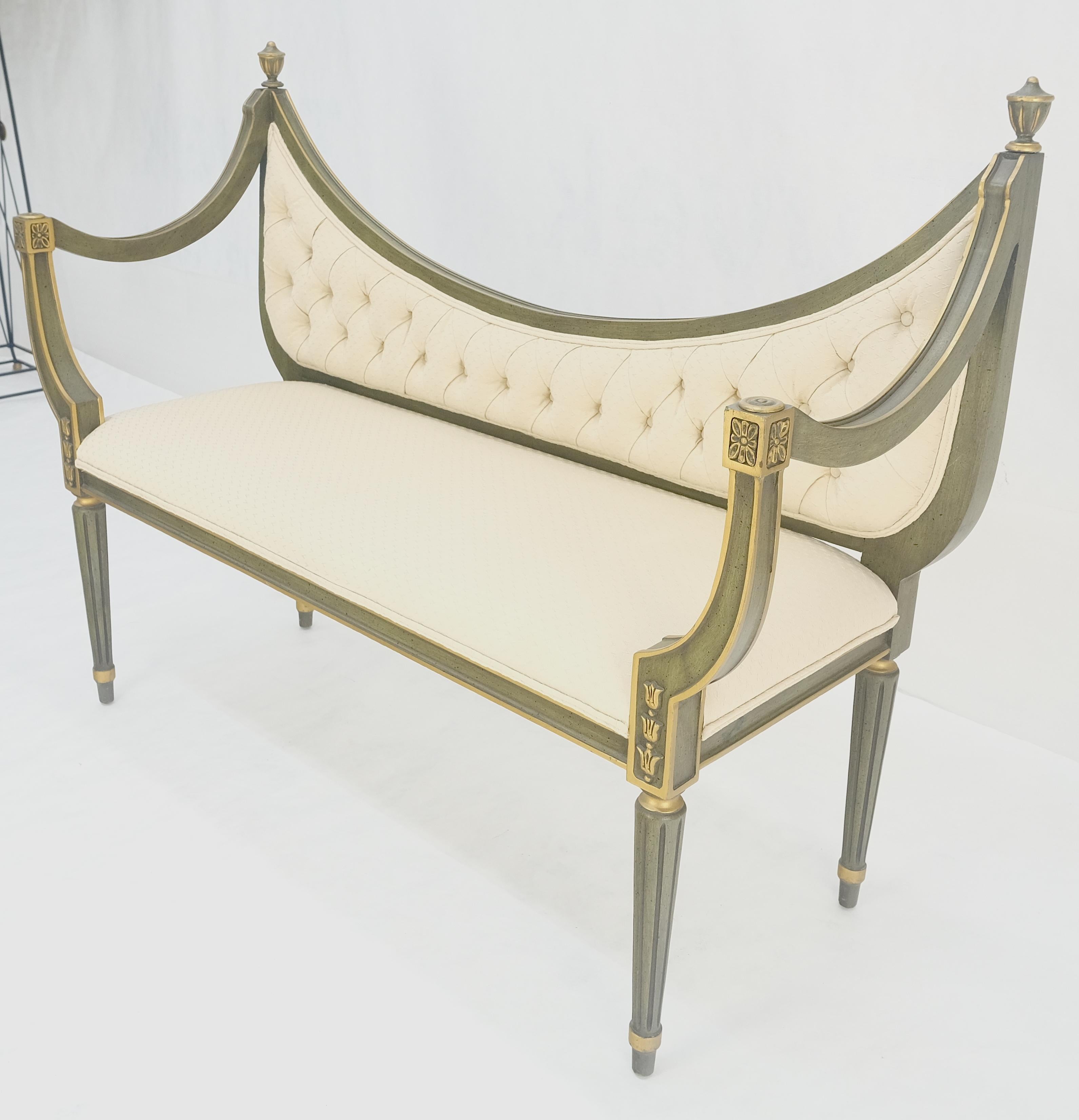 20th Century Italian Neoclassical Painted Gold Decorated Sattee Bench Loveseat Finials MINT