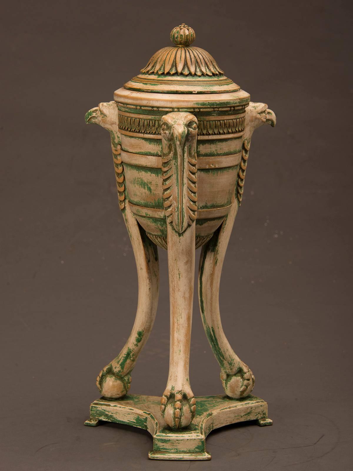 Carved Italian Neoclassical Painted Urn with a Lid Eagle Heads Italy, circa 1875