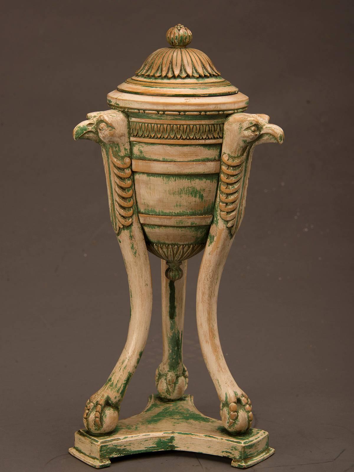 Wood Italian Neoclassical Painted Urn with a Lid Eagle Heads Italy, circa 1875
