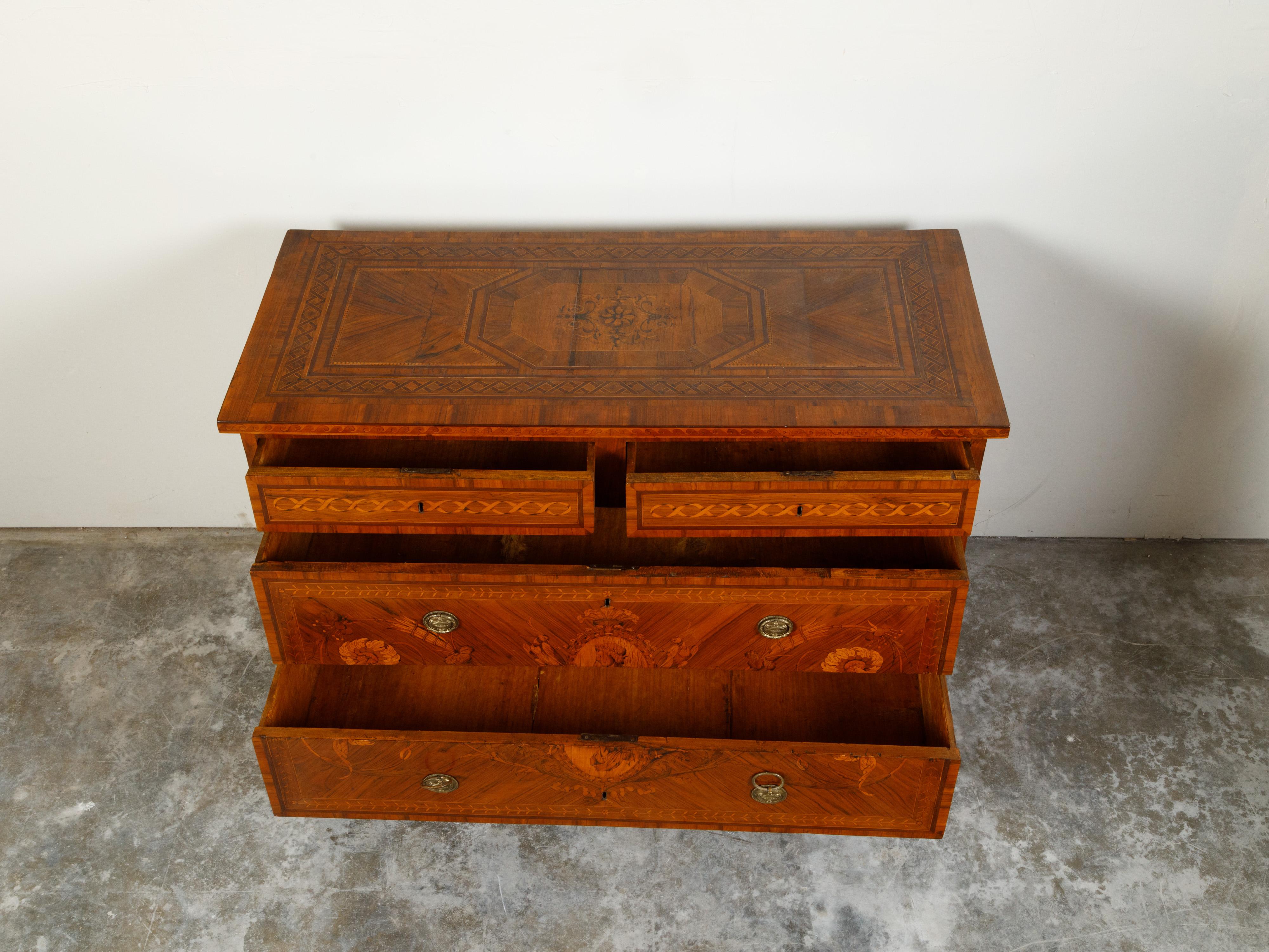 19th Century Italian Neoclassical Period 1800s Fruitwood Four-Drawer Commode with Marquetry For Sale