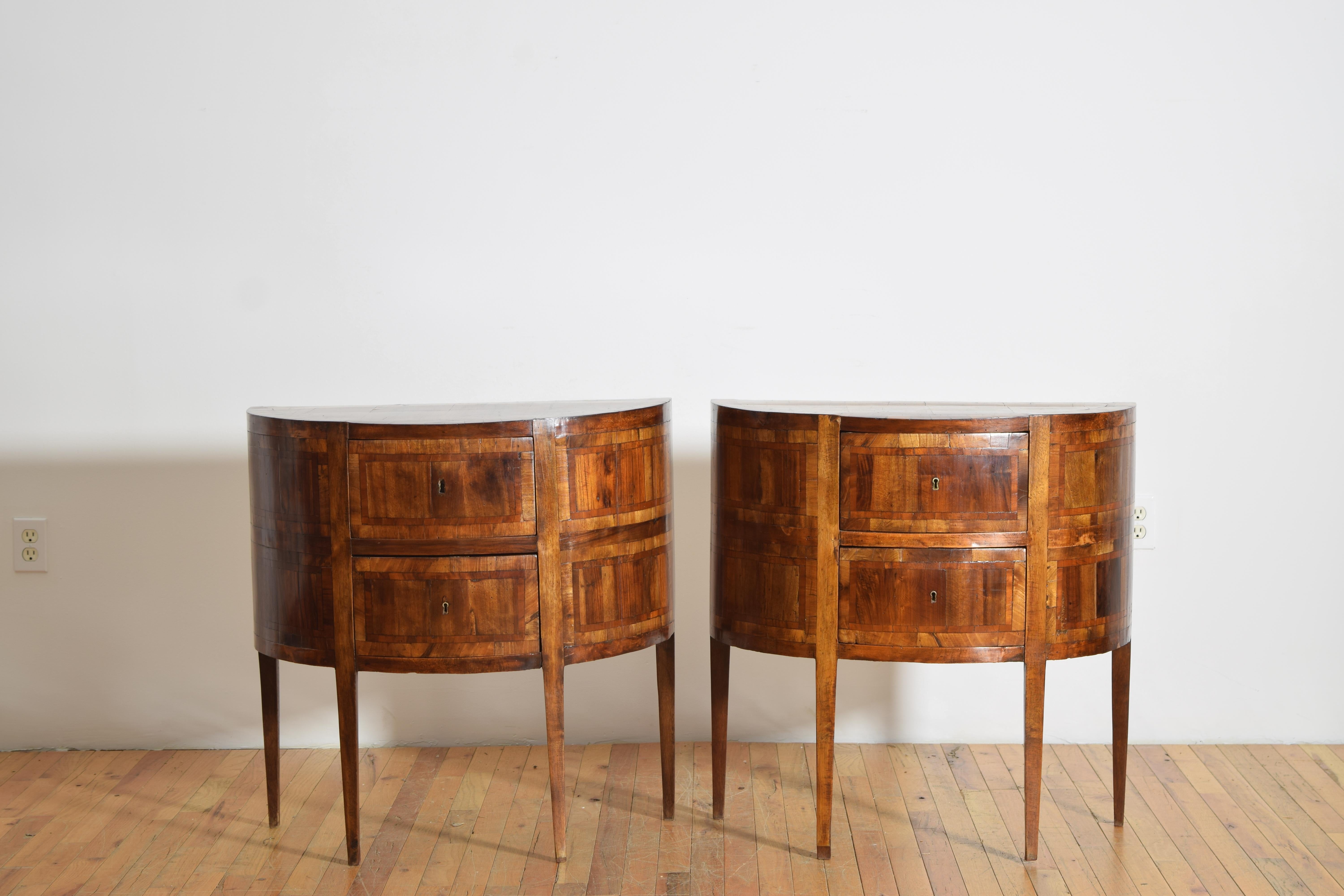 Italian Neoclassical Period Pair Veneered & Inlaid Demilune Commodes, ca. 1835 In Good Condition In Atlanta, GA
