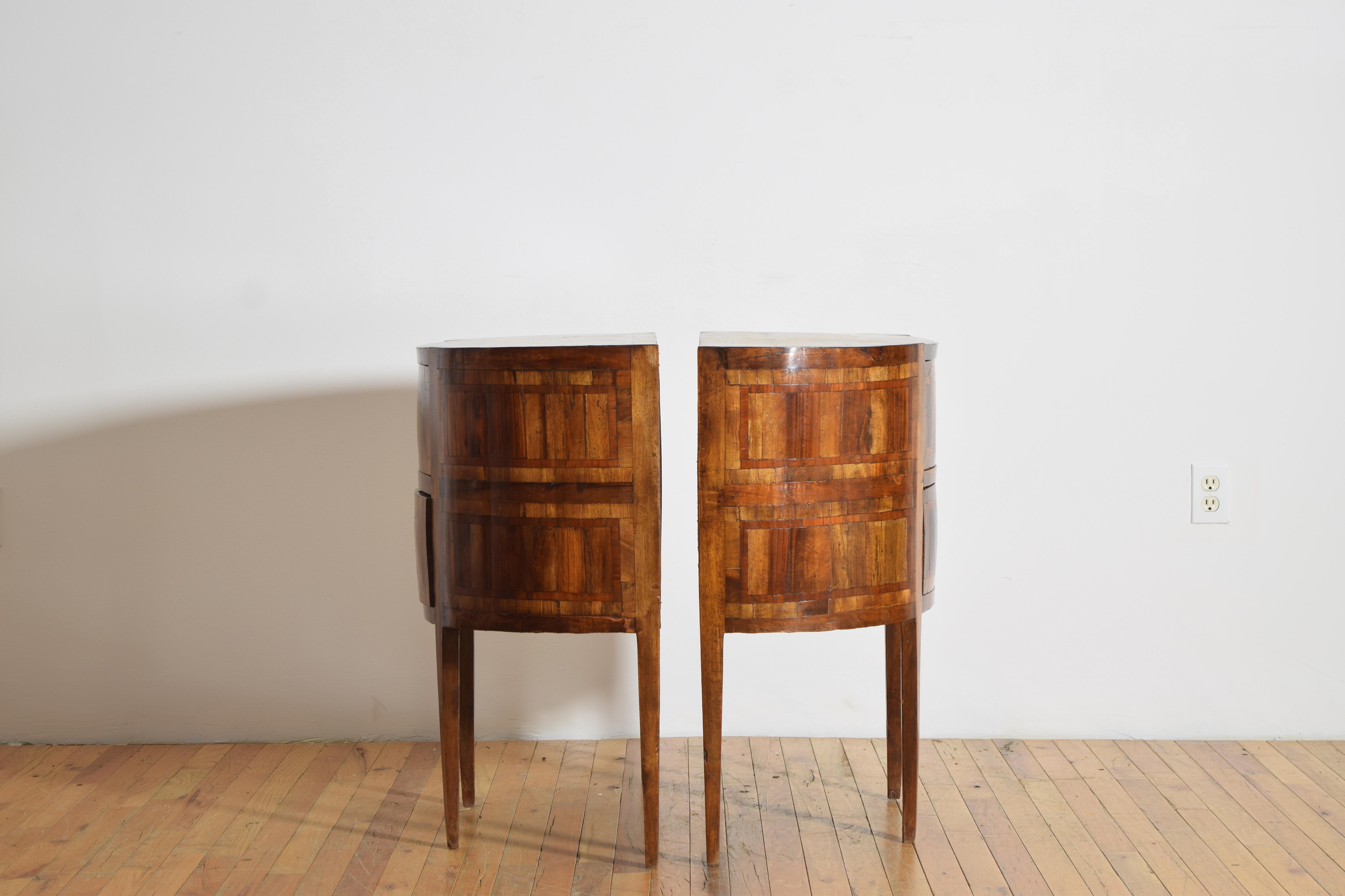 Mid-19th Century Italian Neoclassical Period Pair Veneered & Inlaid Demilune Commodes, ca. 1835