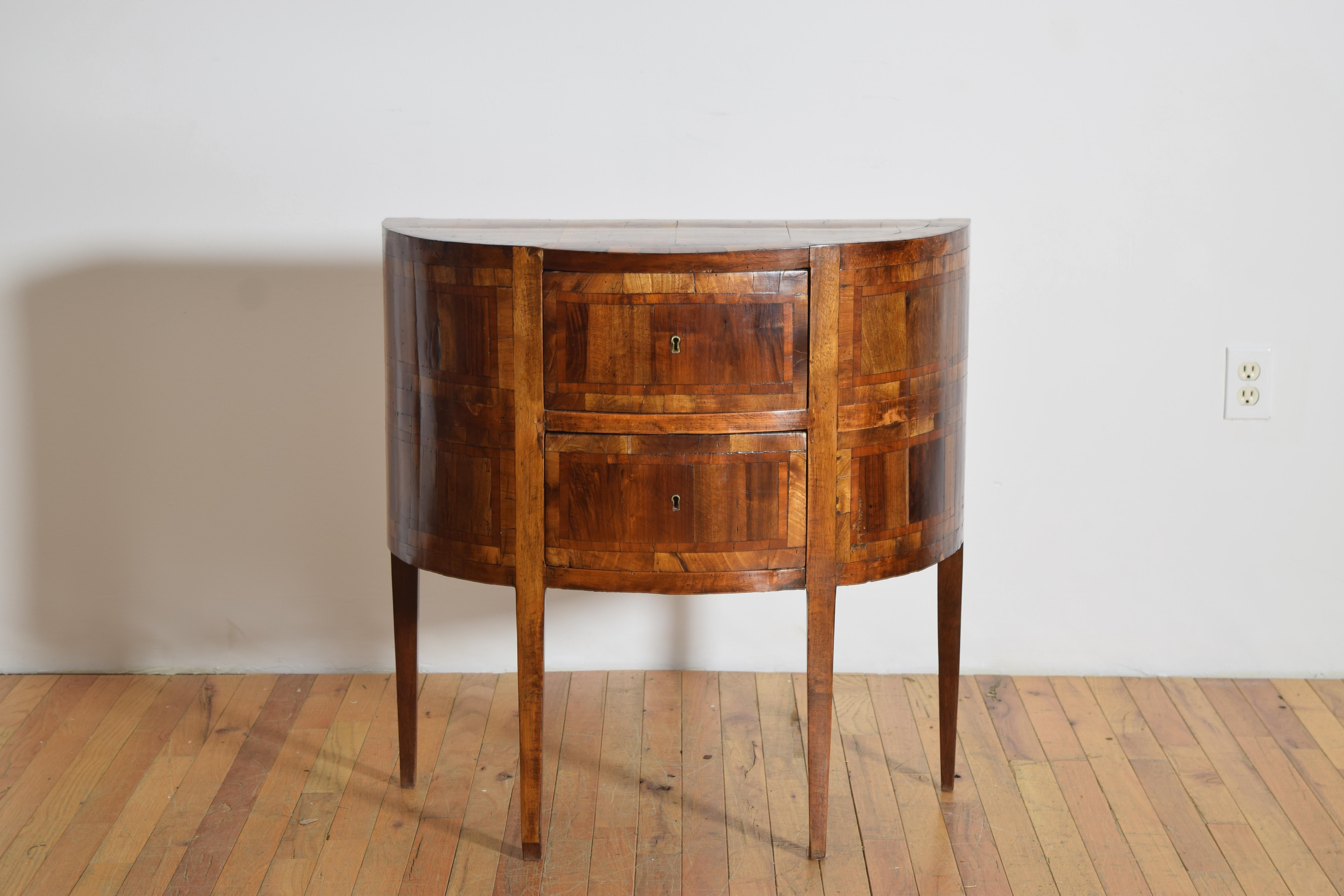 Walnut Italian Neoclassical Period Pair Veneered & Inlaid Demilune Commodes, ca. 1835