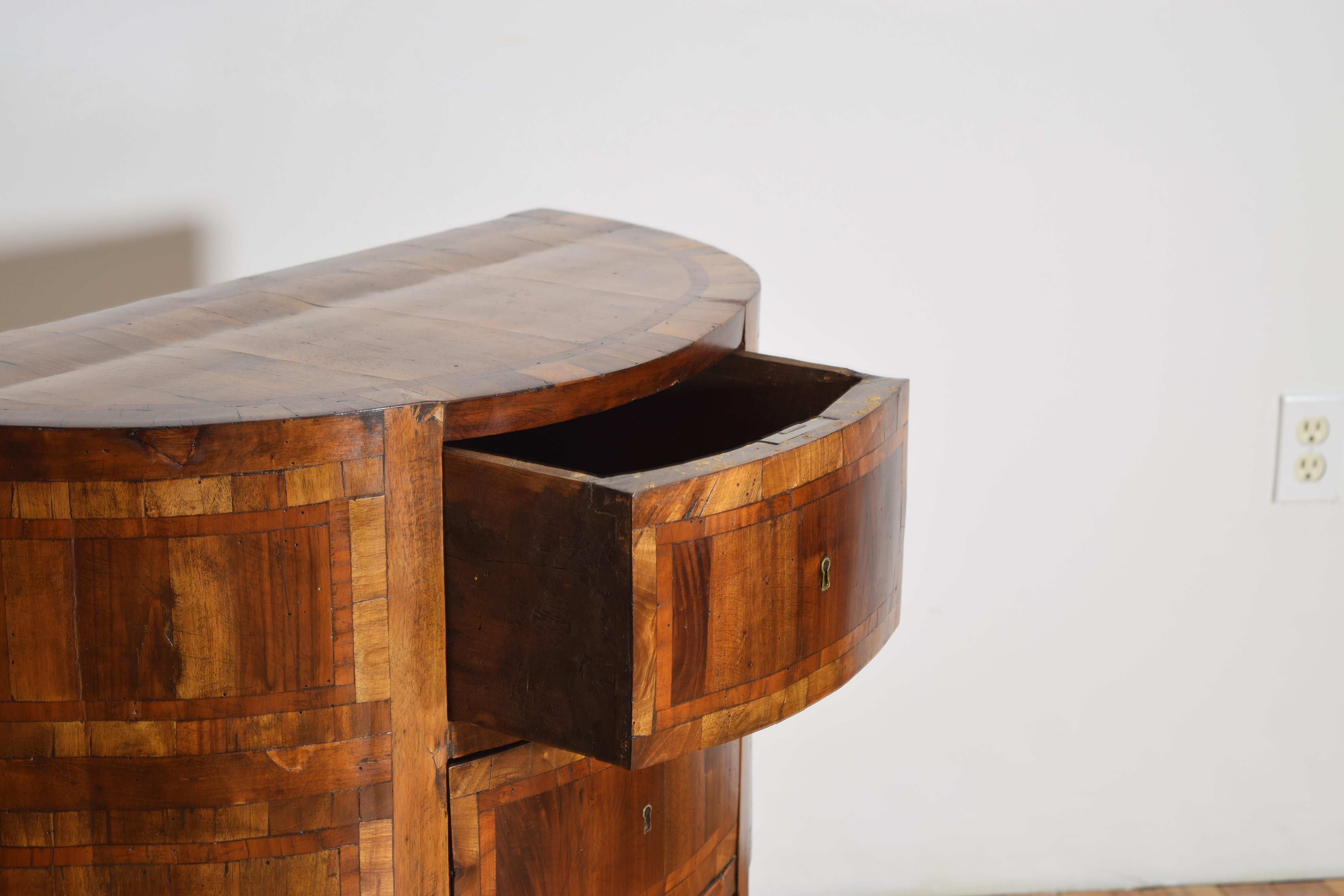 Italian Neoclassical Period Pair Veneered & Inlaid Demilune Commodes, ca. 1835 1