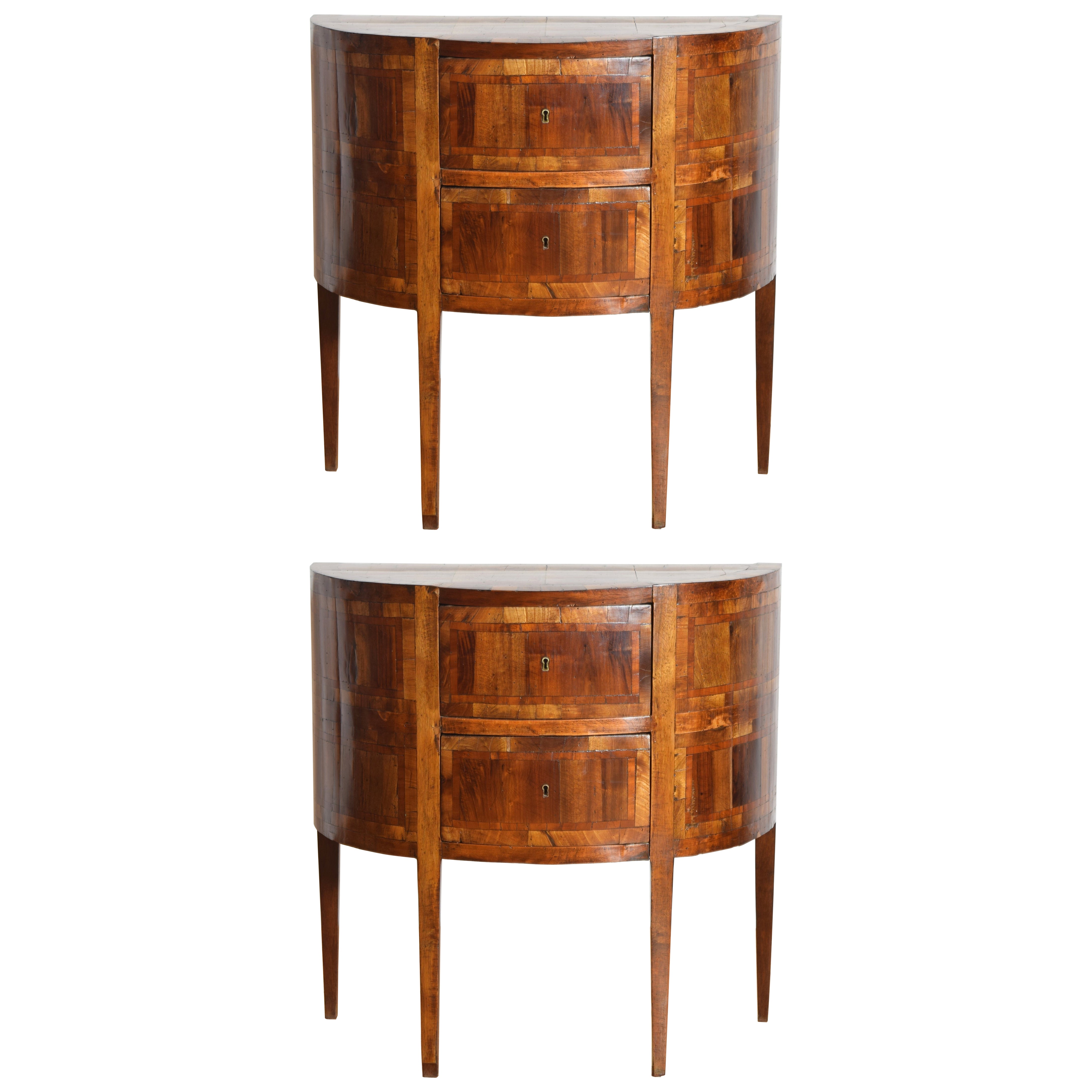 Italian Neoclassical Period Pair Veneered & Inlaid Demilune Commodes, ca. 1835