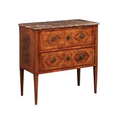 Italian Neoclassical Period Veneer & Wood Inlay Chest w/Original Marble Top