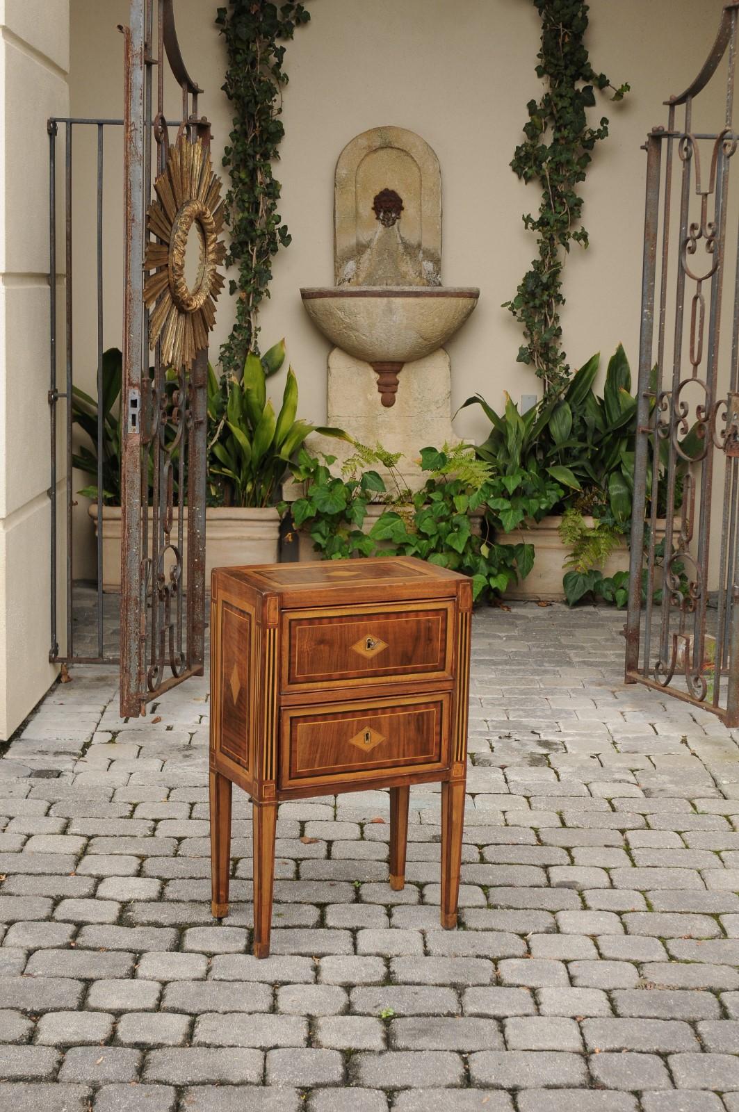 Ebonized Italian Neoclassical Period Walnut Inlaid Commodino with Two Drawers, circa 1780