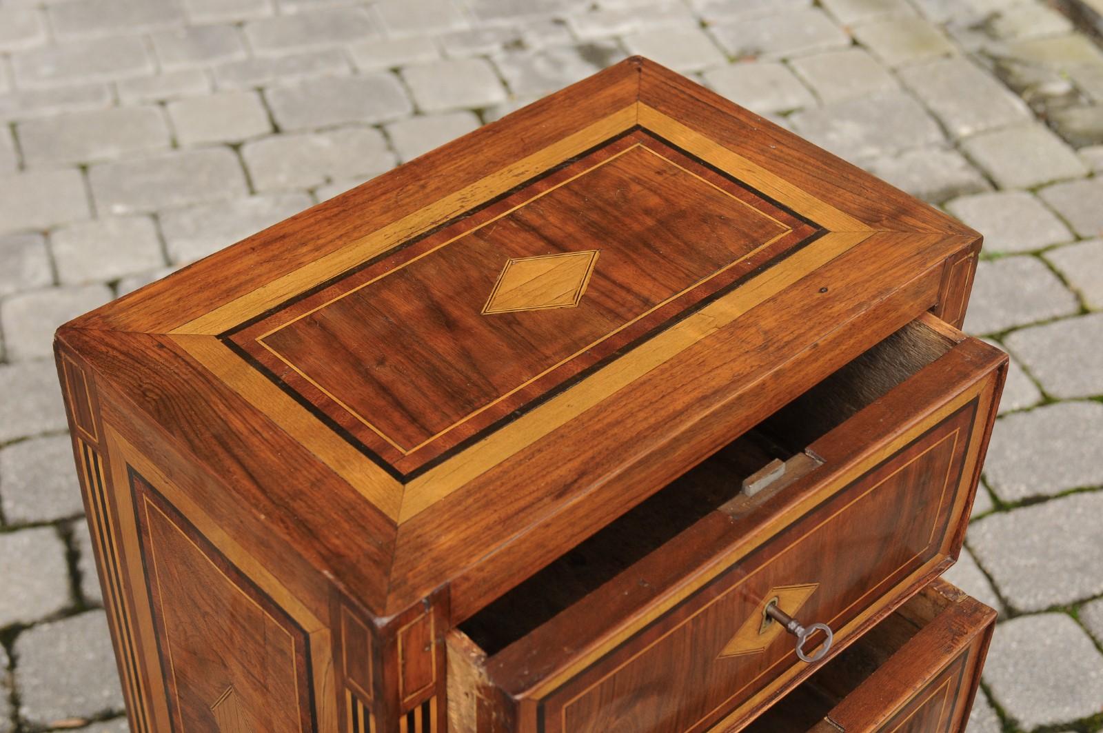 Wood Italian Neoclassical Period Walnut Inlaid Commodino with Two Drawers, circa 1780