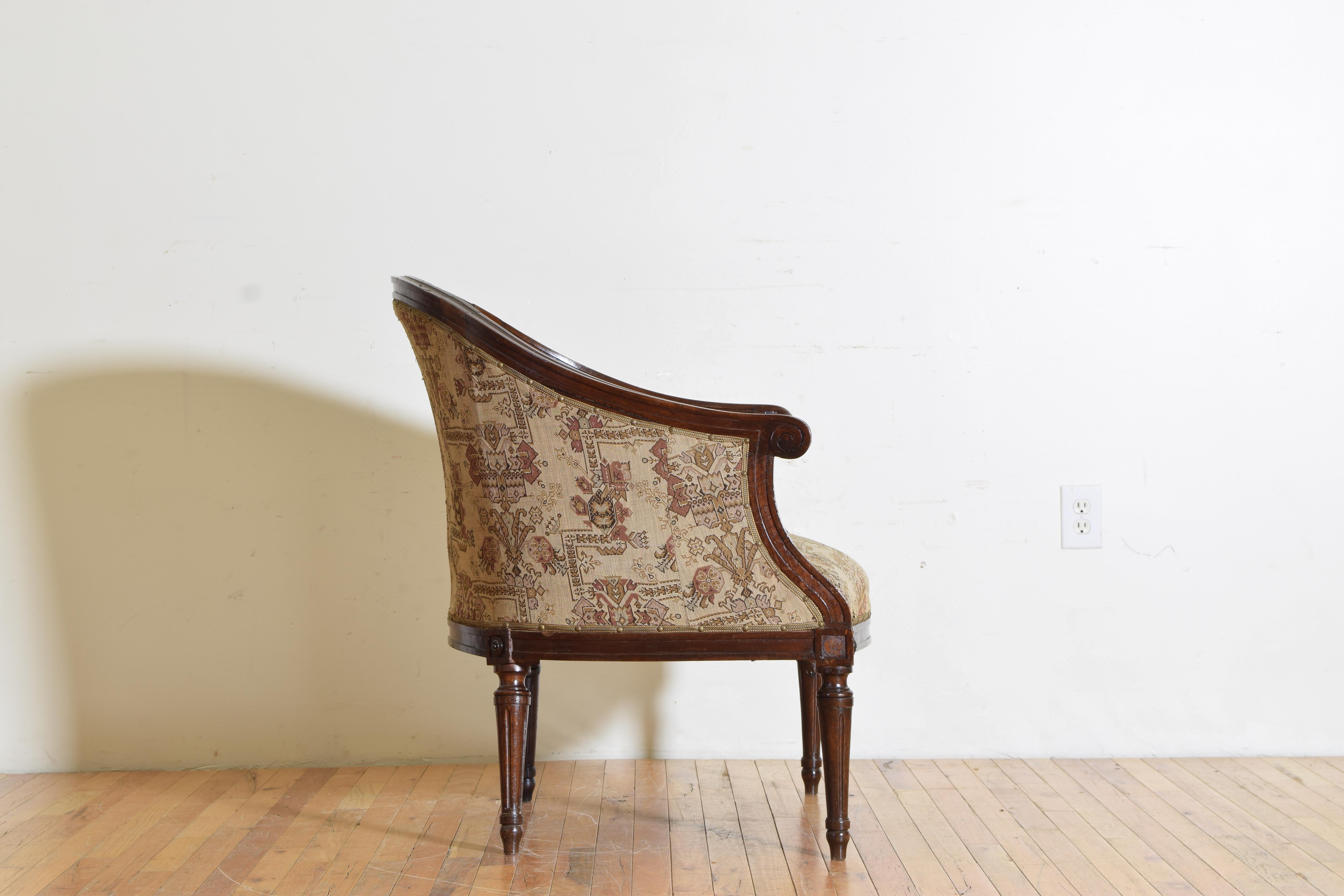 19th Century Italian Neoclassical Period Walnut & Upholstered Bergere, 2nd Quarter 19th Cen