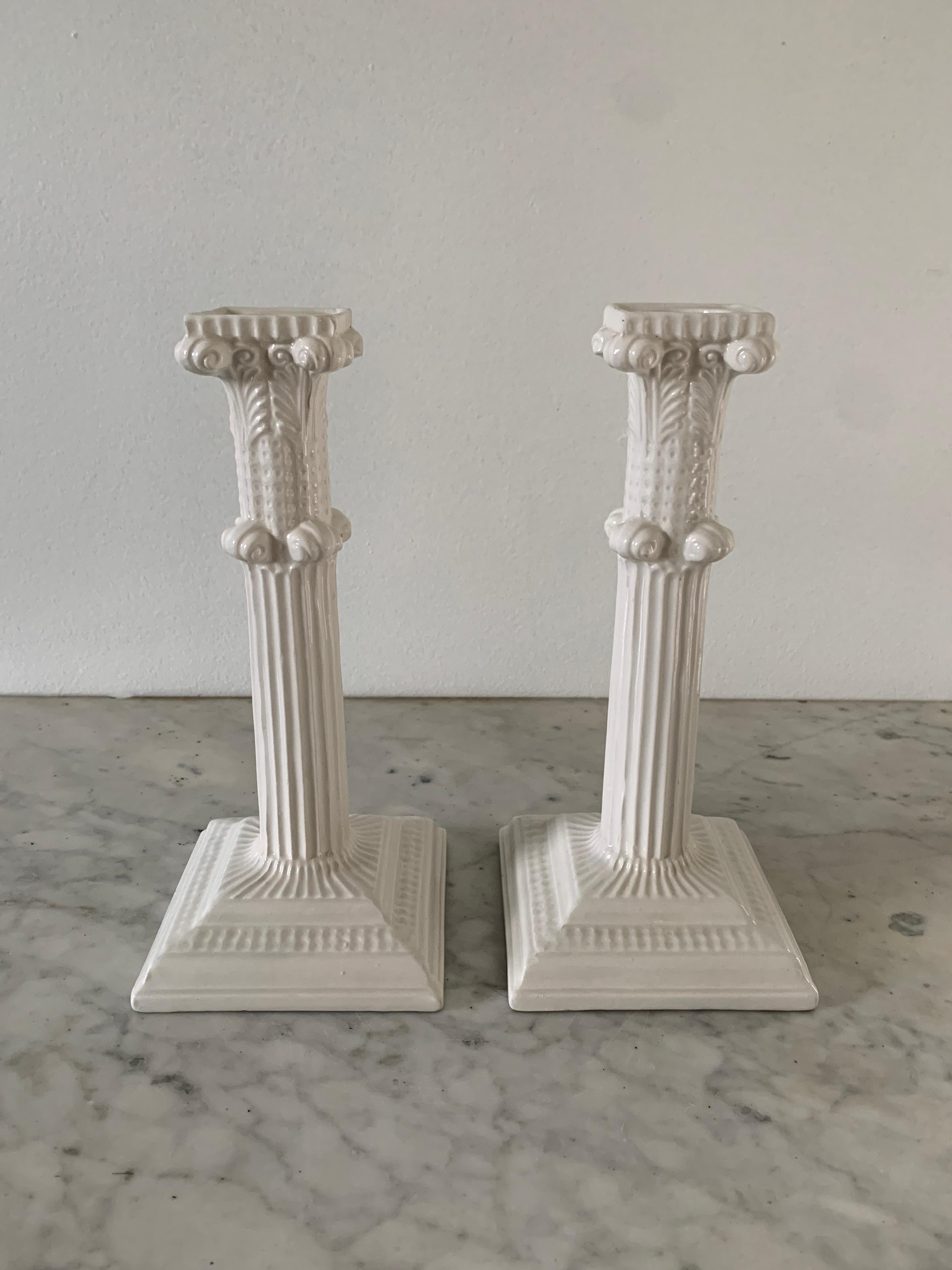 A gorgeous pair of Neoclassical style white porcelain column candle holders

By Mottahedeh

Italy, Circa 1980s

Measures: 4.13