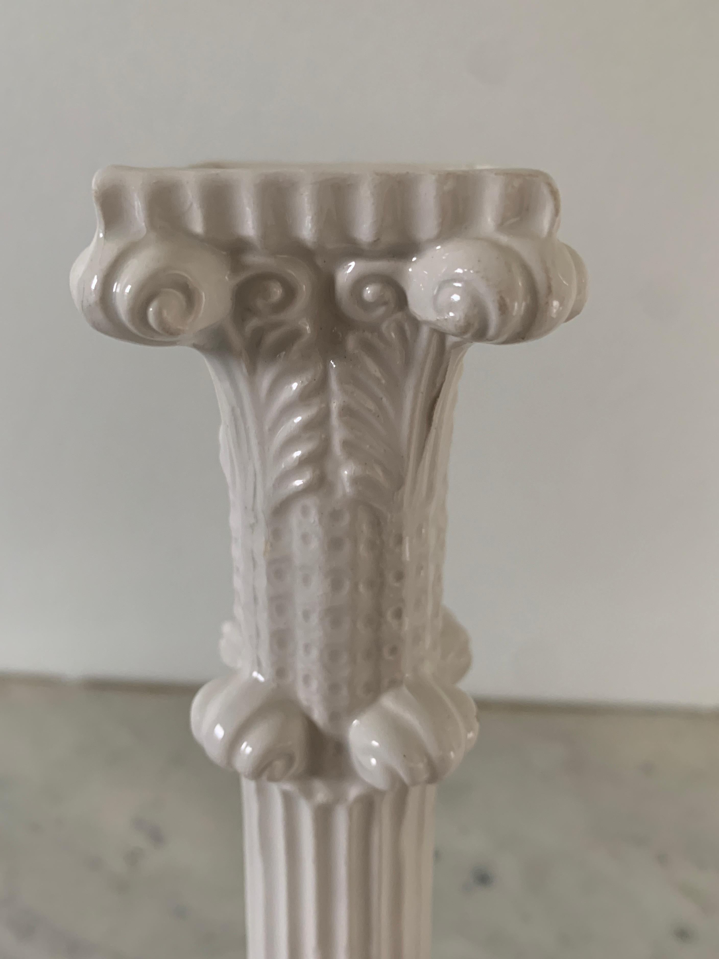 Late 20th Century Italian Neoclassical Porcelain Column Candle Holders by Mottahedeh, Pair