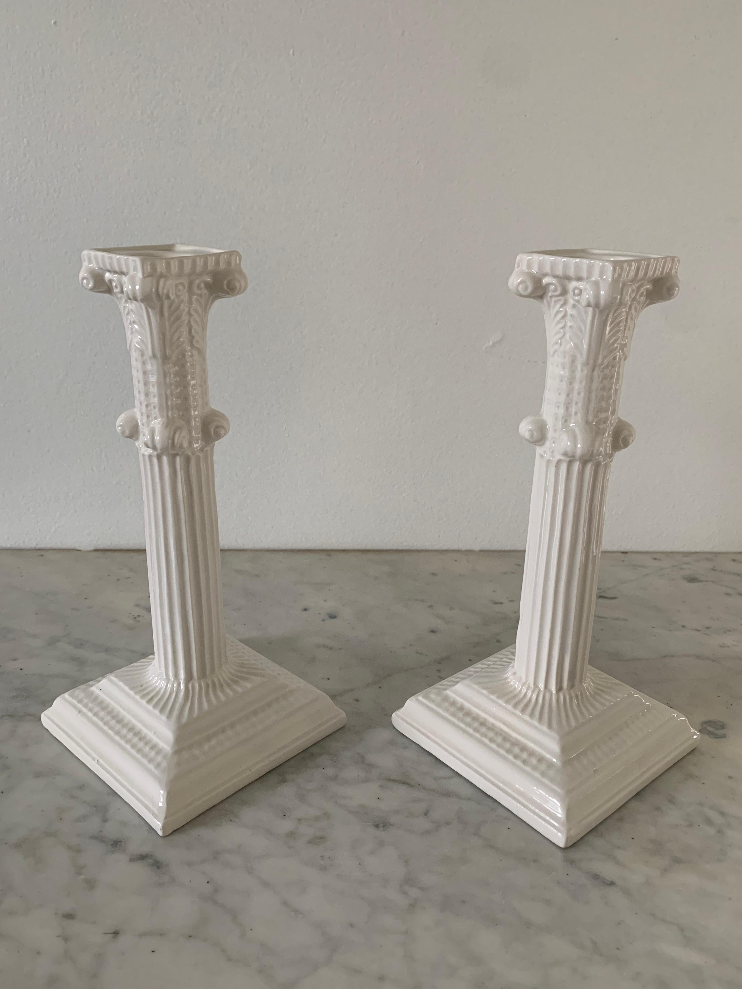 Italian Neoclassical Porcelain Column Candle Holders by Mottahedeh, Pair 2
