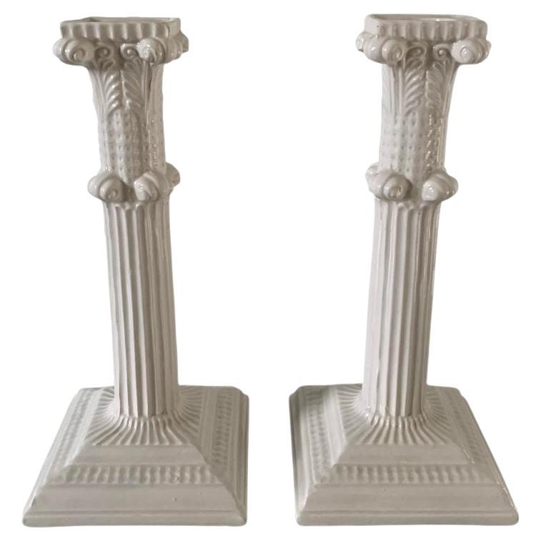 Italian Neoclassical Porcelain Column Candle Holders by Mottahedeh, Pair