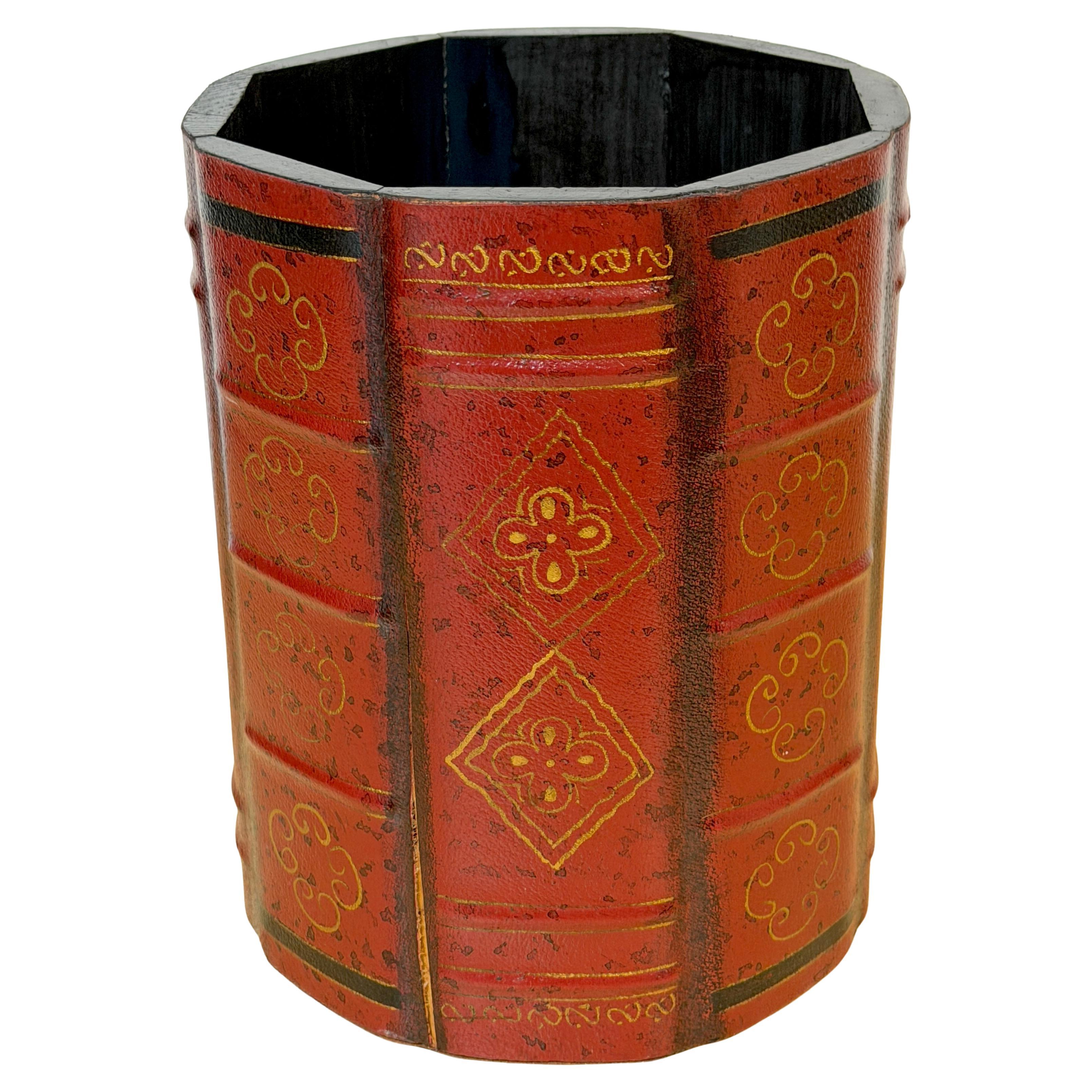 Italian Neoclassical Red Leather Wastepaper Basket or Trash Can, 20th Century