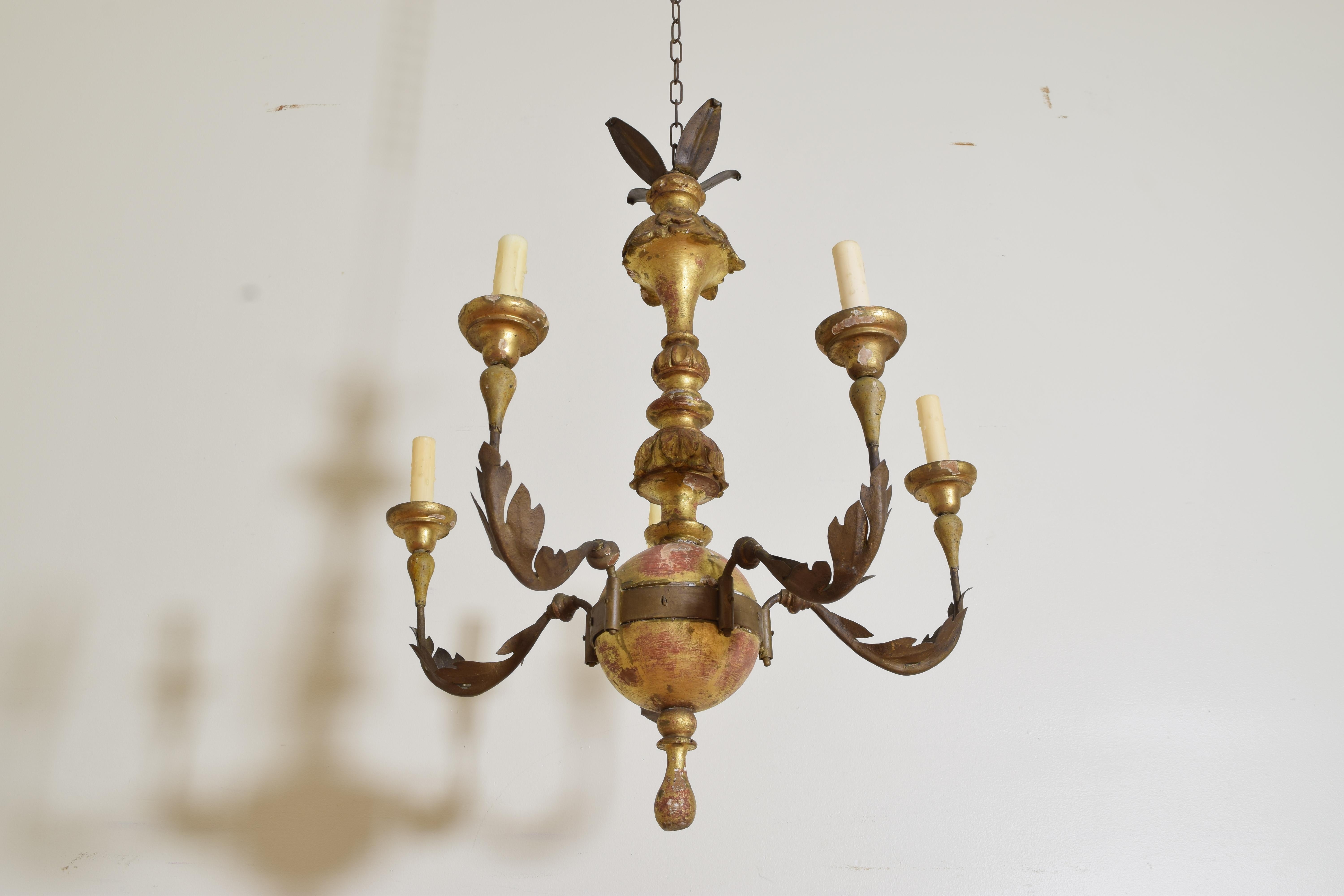 Mid-19th Century Italian Neoclassical Revival Period Giltwood & Iron 5-Light Chandelier, 3q 19thC