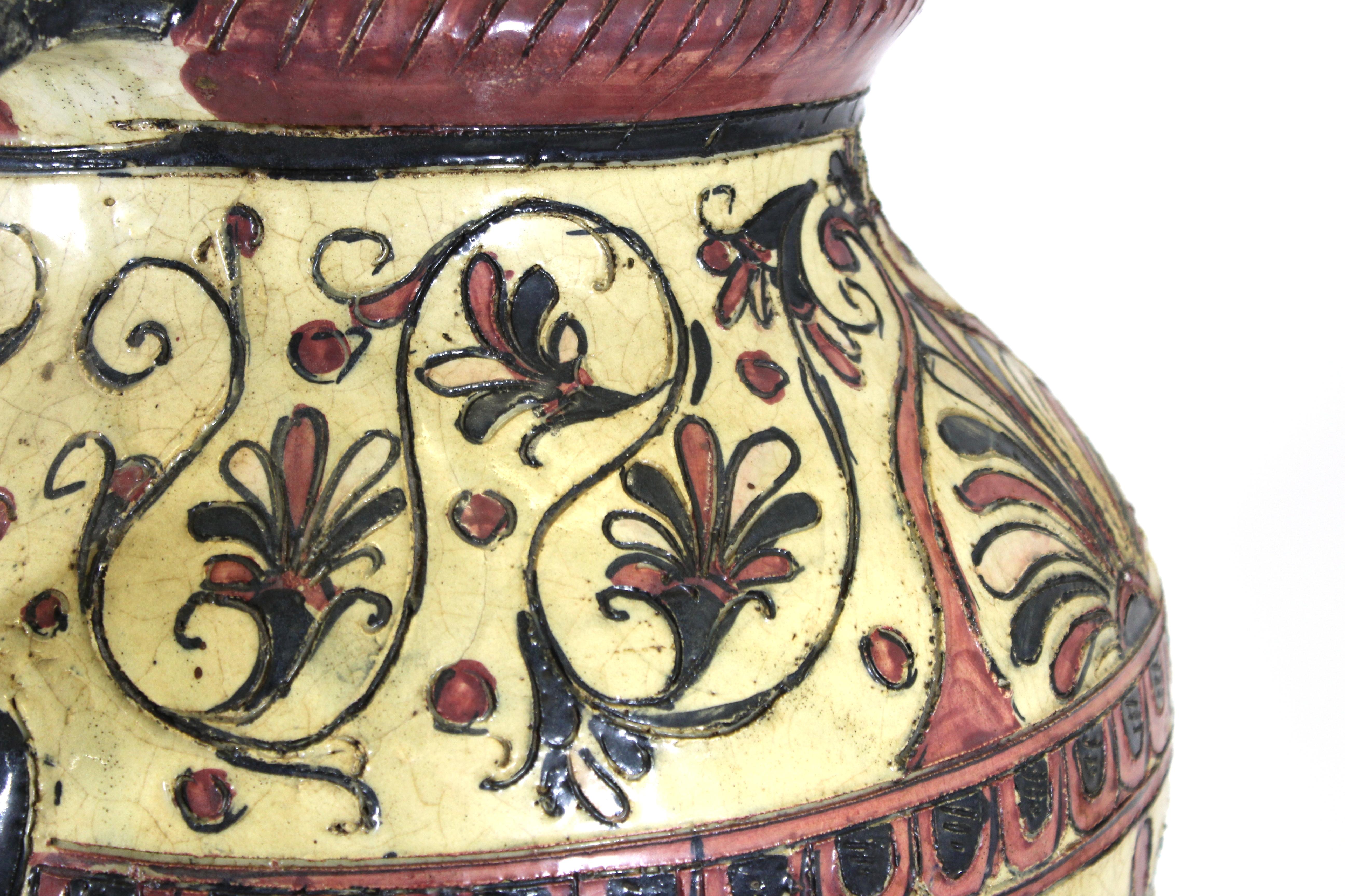 Italian Neoclassical Revival Sgraffito Pink and Cream Urn on Wrought Iron Base 2