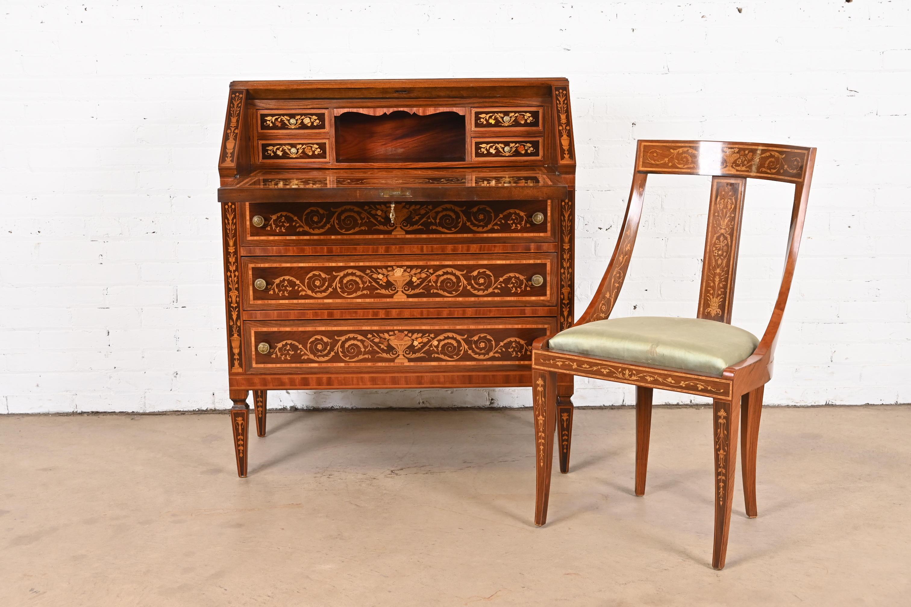 Chaise d'appoint ou chaise de bureau néoclassique italienne en marqueterie de bois de rose Klismos 4