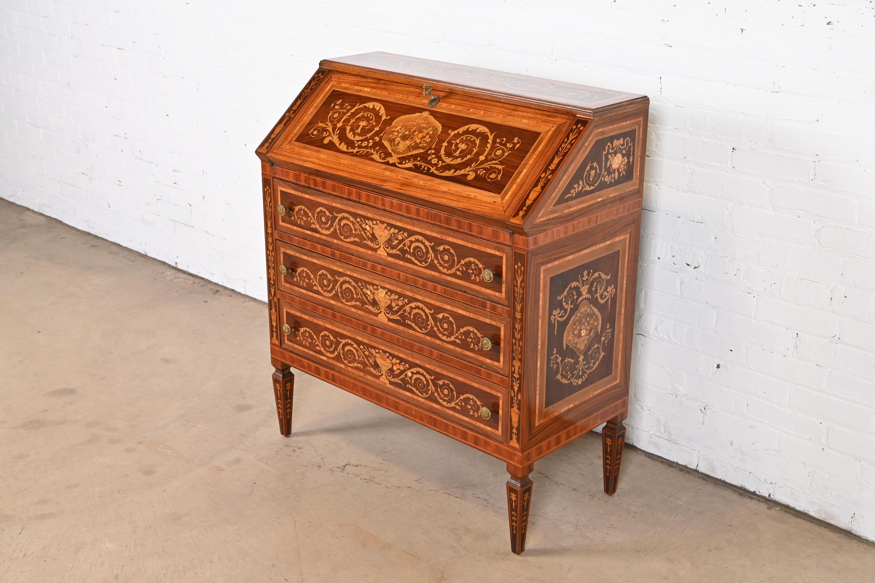 Italian Neoclassical Rosewood Inlaid Marquetry Slant Front Secretary Desk In Good Condition In South Bend, IN