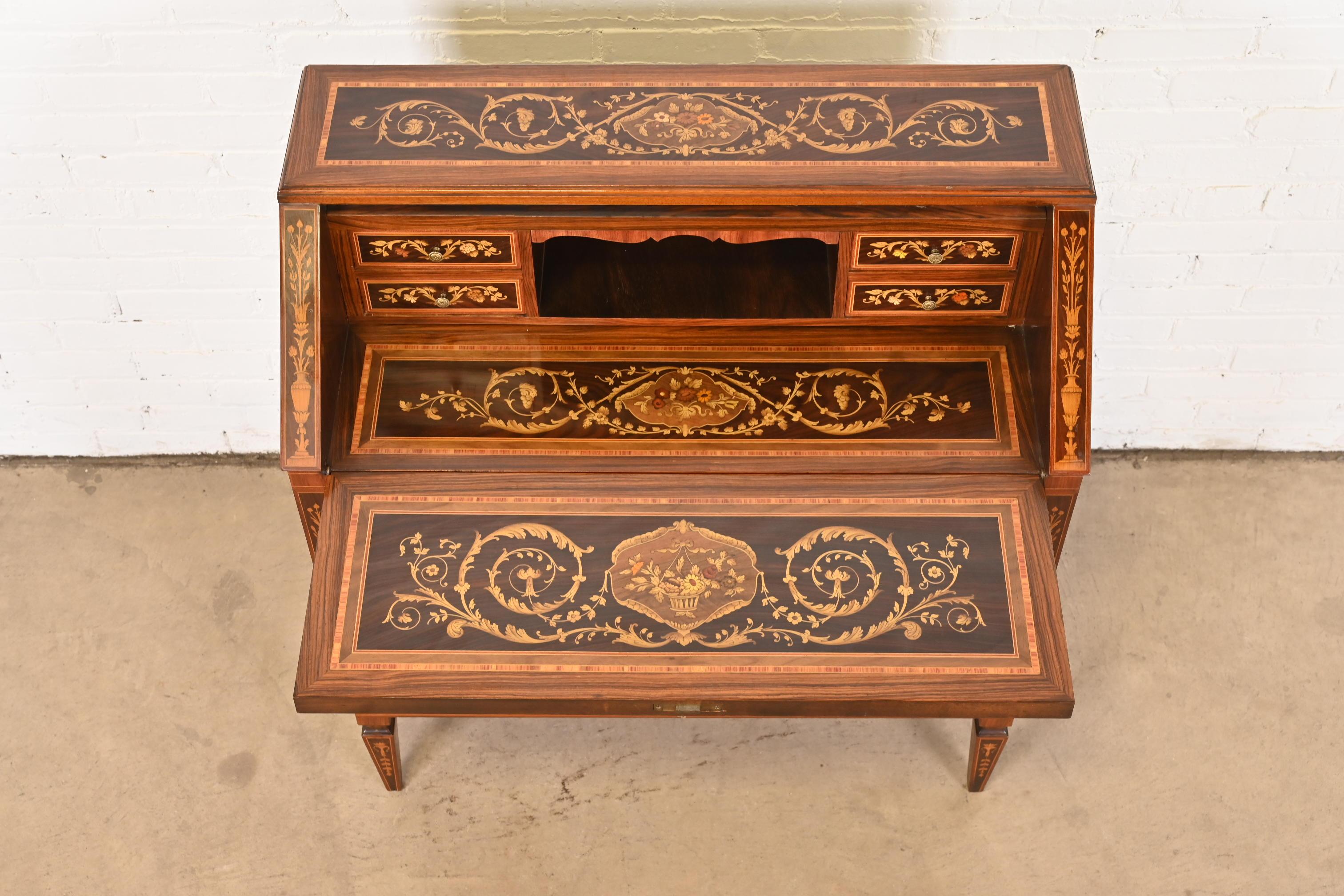 Brass Italian Neoclassical Rosewood Inlaid Marquetry Slant Front Secretary Desk
