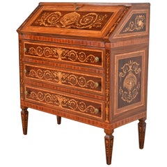 Antique Italian Neoclassical Rosewood Inlaid Marquetry Slant Front Secretary Desk