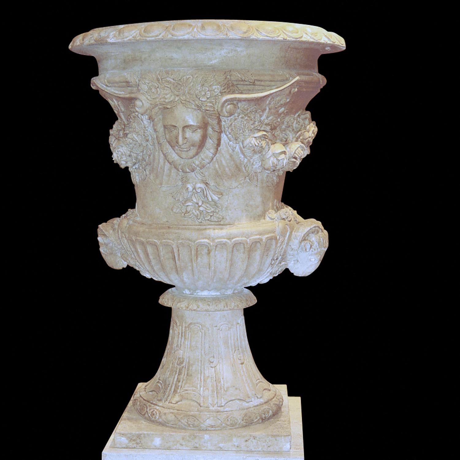 A superb and iconic vase after the original in the Versailles gardens. The Vase is carved by hand by our sculptor artist following the old traditional systems and respecting all the proportions taken by originals sketches.