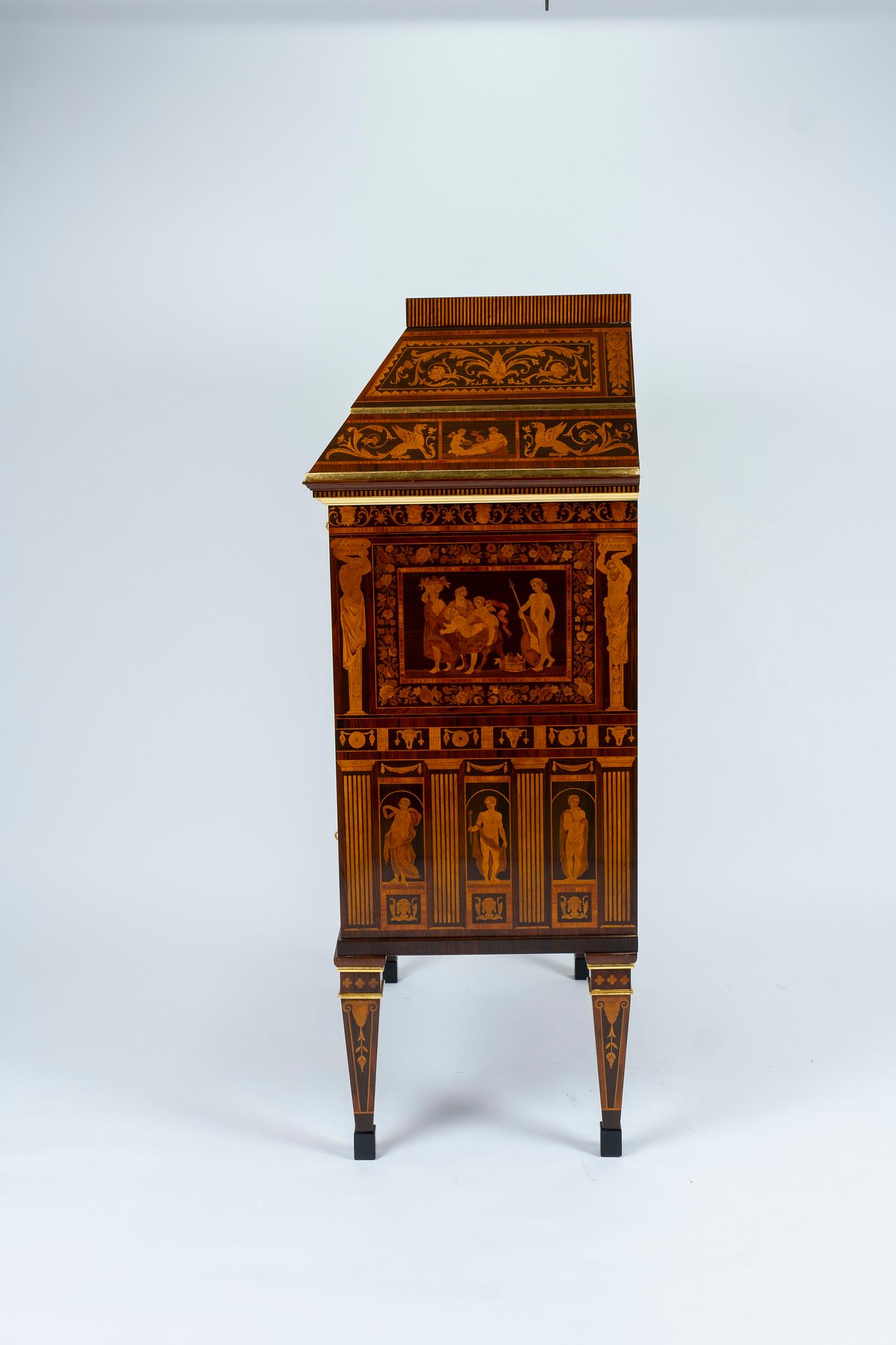 An important Italian neoclassical style secretary made with extraordinary craftsmanship of inlay and hardwoods.

Attribution: Famous artist Francesco Abbiati, originally from a small town near Lake Como created a feast for the senses, even before