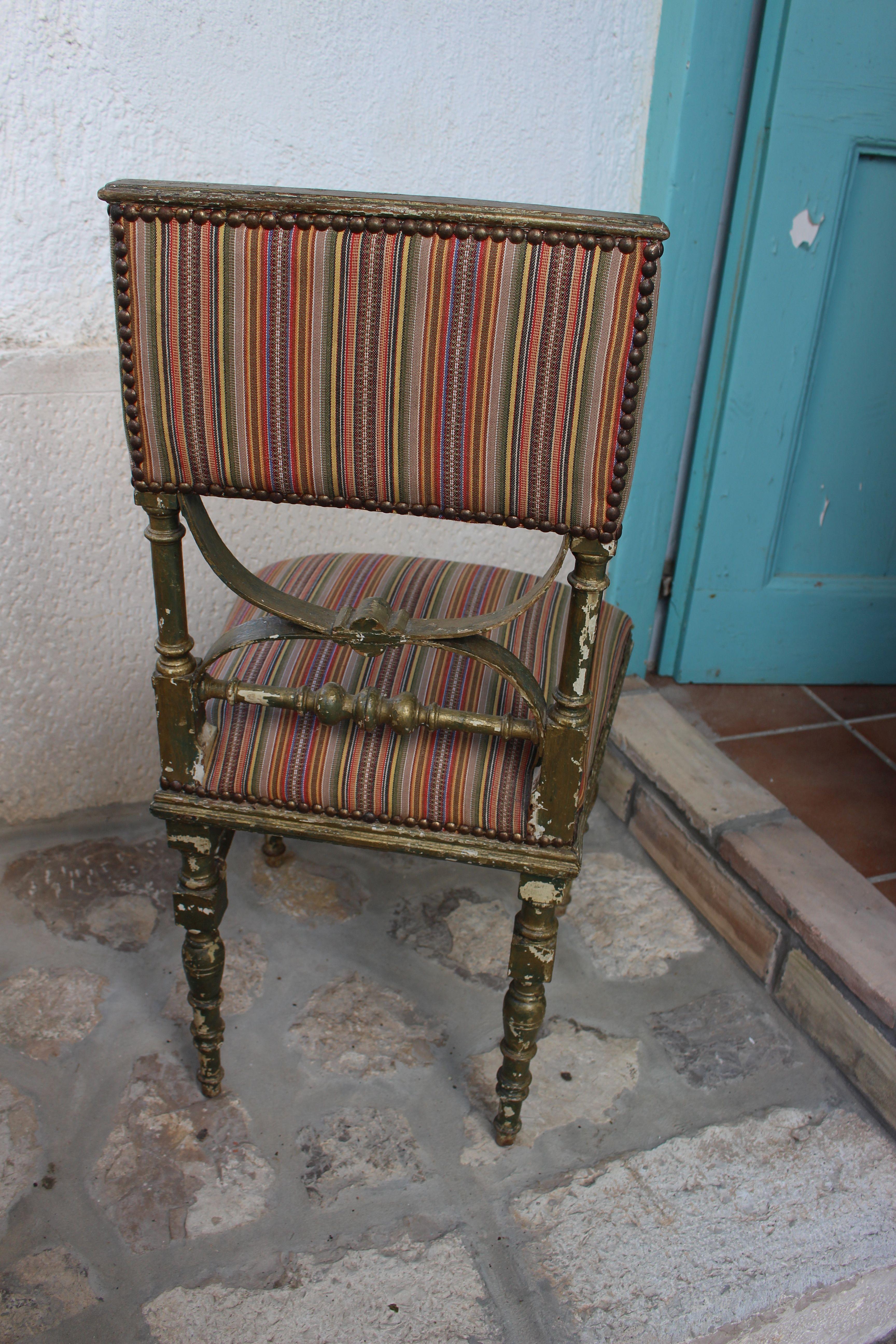 Italian neoclassical chair reupholstered in hand made Italian folkloric material from the period. Wood is original condition with the exceptional patina and never used upholstery material.