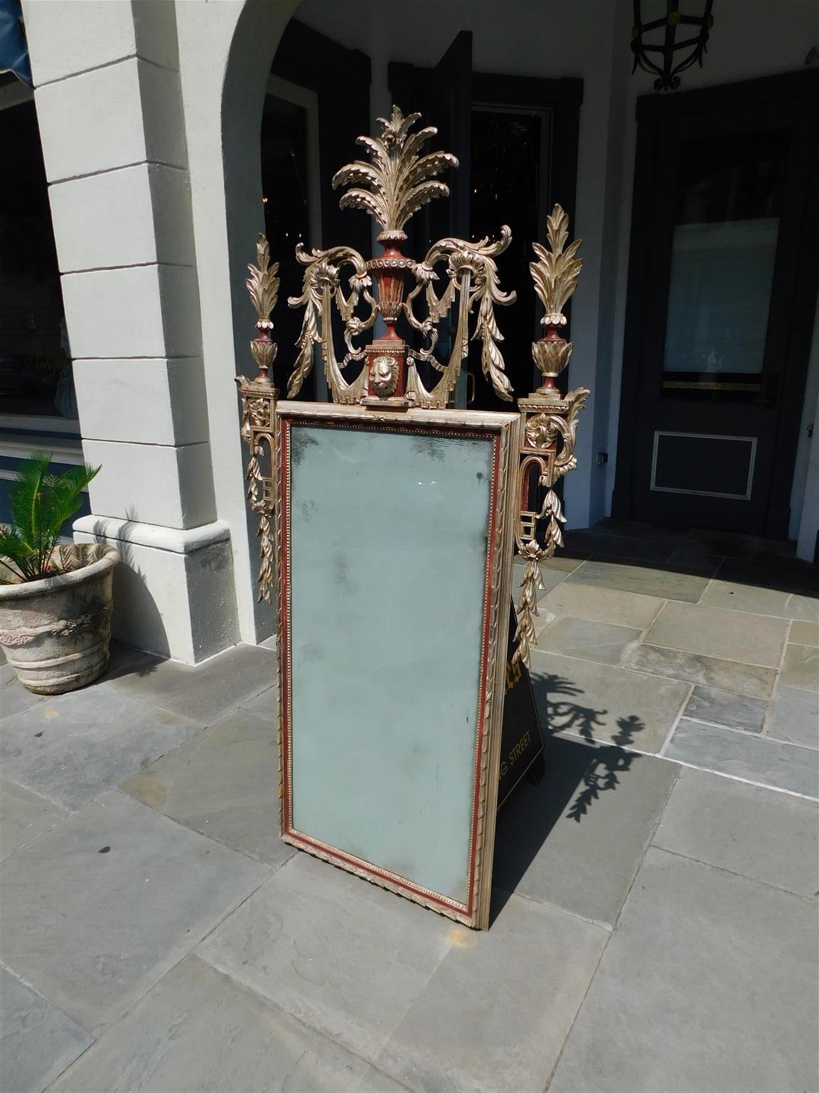 Italian Neoclassical Silver Gilt Wood & Gesso Foliage Crest Wall Mirror, C. 1810 In Excellent Condition For Sale In Hollywood, SC